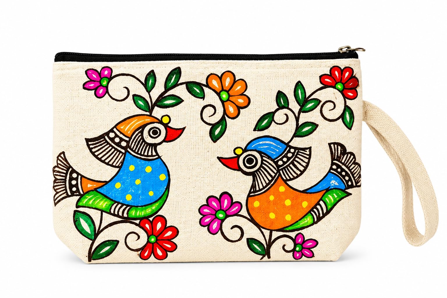 Hand-Painted Madhubani Bird Jute Wristlet Pouch with Zipper-image-48