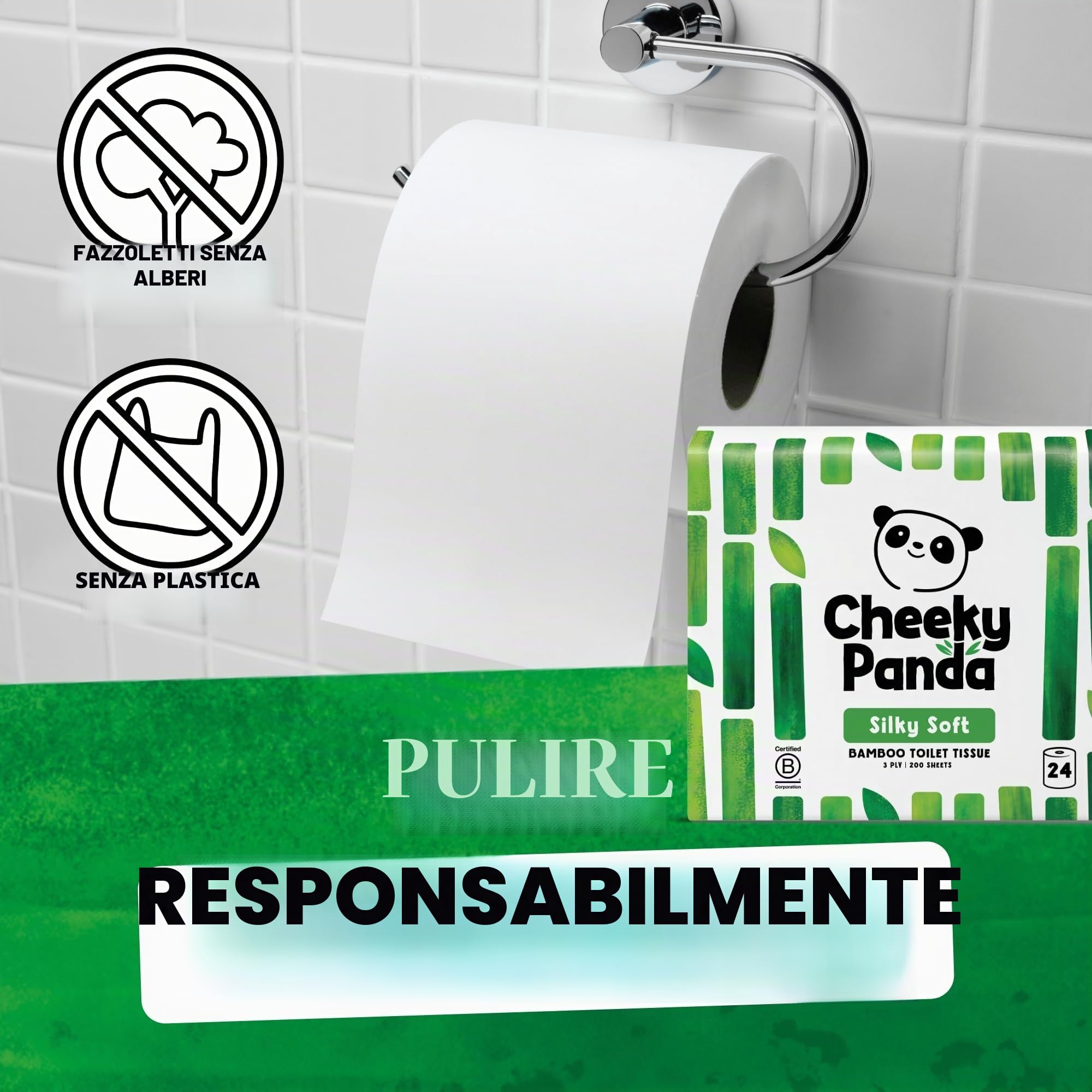 The Cheeky Panda Carta Igienica Bamboo | 24 x Rotoli Carta Igienica 3 Veli | 200 Soffici Fogli | Biodegradabile ed Ecológico | Senza plastica