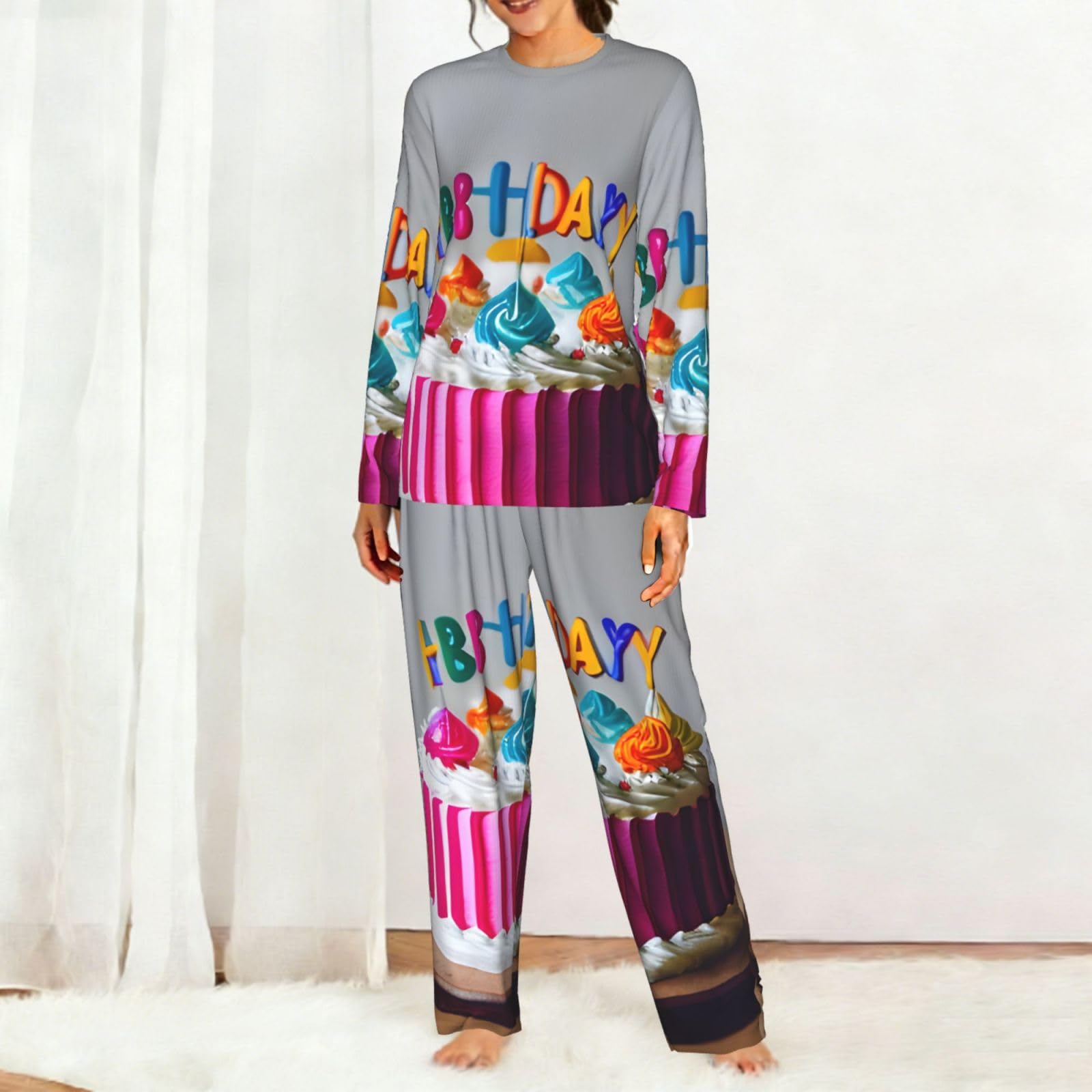 Happy Birthday Cake Stampa Donne Manica Lunga Pigiama Abbinamento Quotidiano Confortevole Loungewear Abiti Da Notte