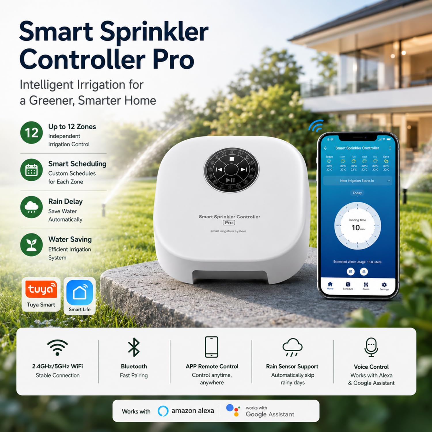 Computer di irrigazione Wi-Fi a 12 zone: controllo intelligente di irrigazione con WiFi e app 2.4G/5G, compatibile con Alexa e Google Assistant, irrigazione automatica del giardino con ritardo della
