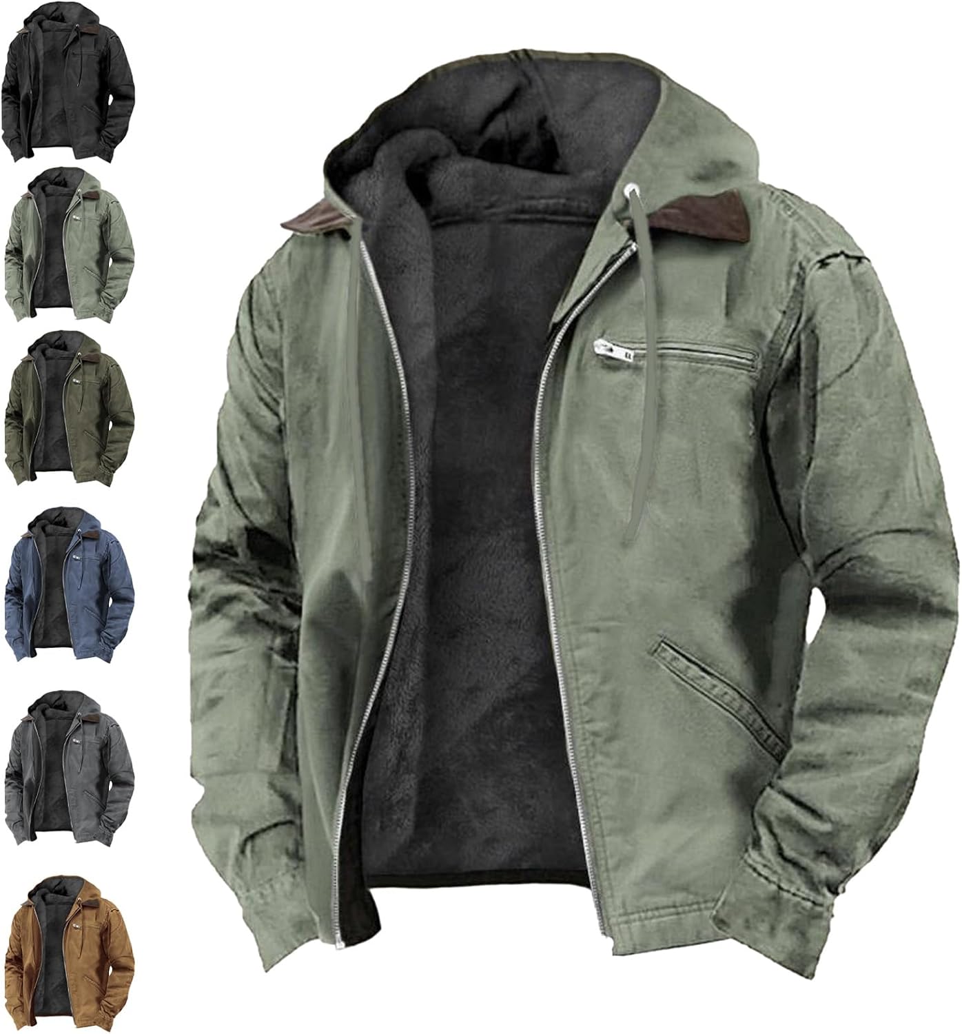 Men's Winter Thickened Fleece Lined Jacket, Waterproof Warm Zipped Up Tactical Hoodie Solid Heavy Work Bomber Jacket