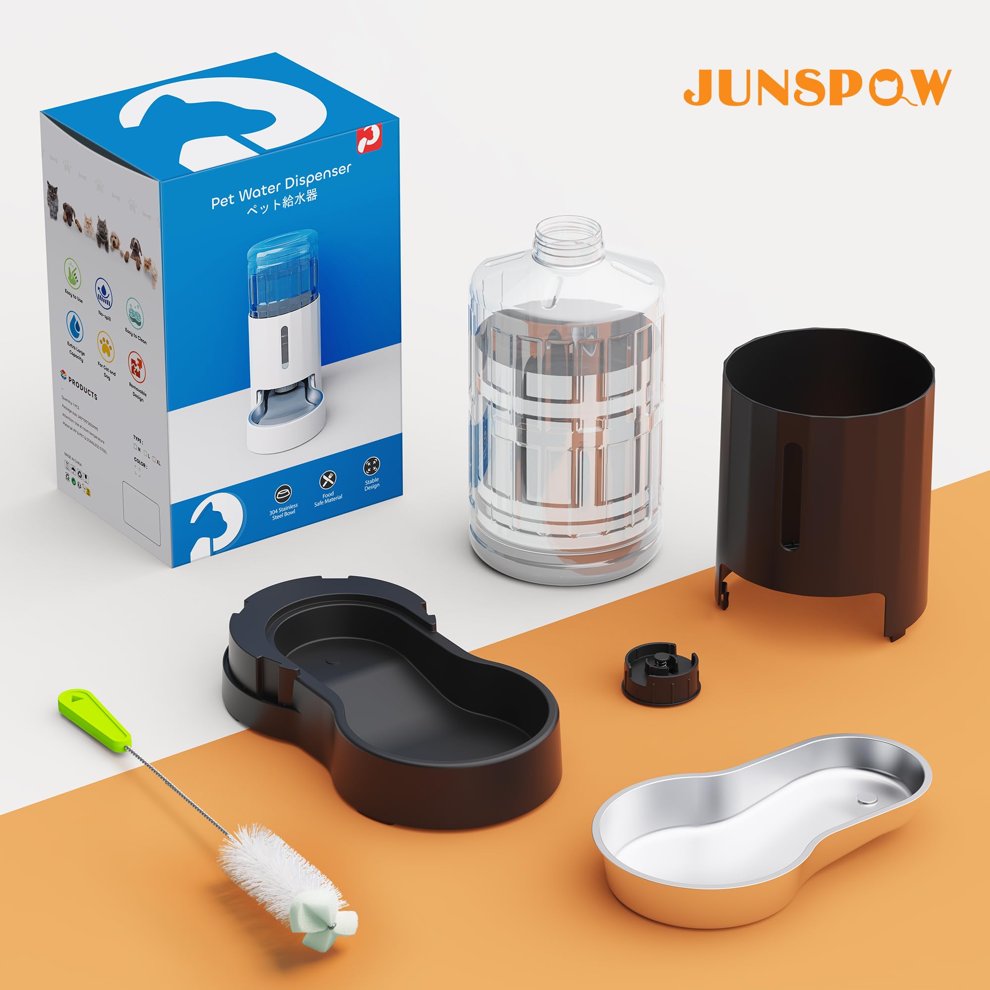 JUNSPOW Dispenser d'acqua per animali domestici da 4 litri con ciotola in acciaio inossidabile, distributore automatico di acqua per gatti a gravità, finestra visibile, sicuro e scollegato per animali