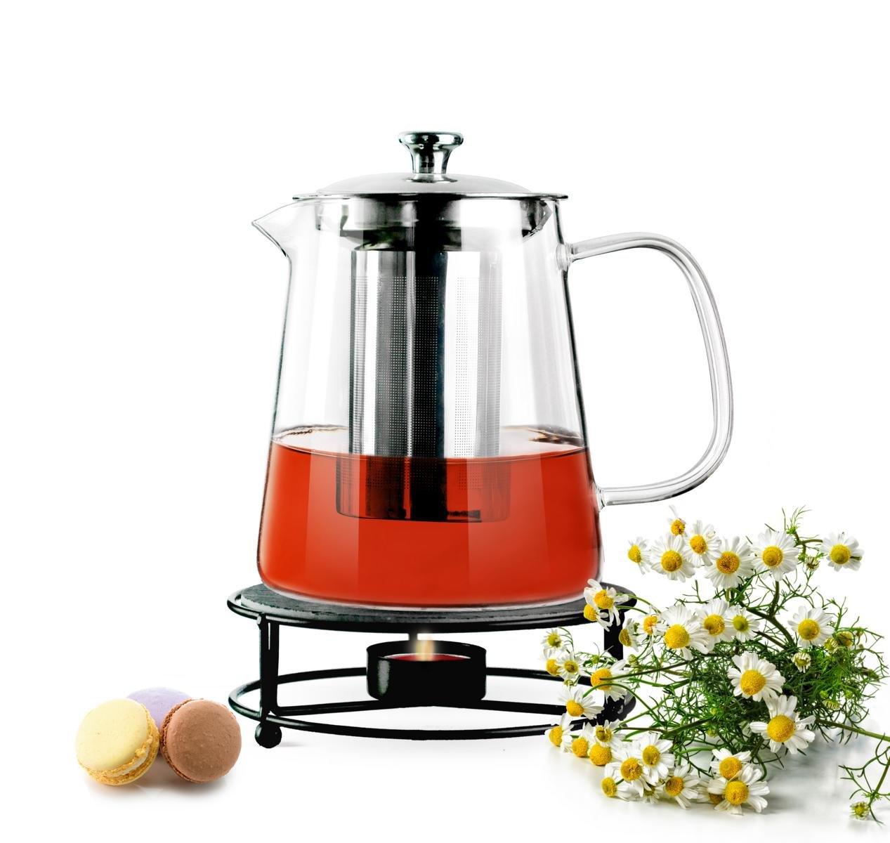 Sendez Teekannen Set 1,2L aus Borosilikatglas mit Edelstahlfilter und Metall Stövchen mit Schieferplatte elegantes Design für heißen Tee und Getränke spülmaschinengeeignet
