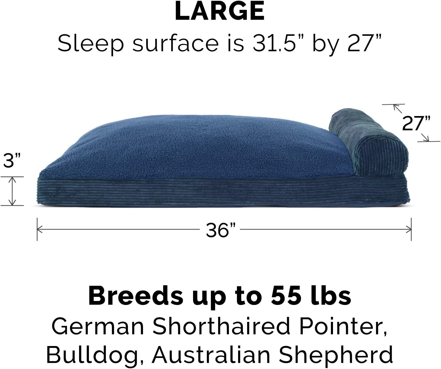 Furhaven Large Pillow Dog Bed Fleece & Corduroy Chaise w/ Removable Washable Cover - Navy, Large : Pet Supplies