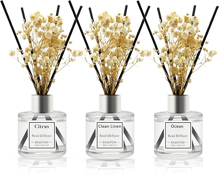 Reed Diffuser Set of 3 Pack,Citrus,Clean Linen,Ocean Scented Oil Diffuser with 12 Sticks,Reed Diffuser for Home Living Room Office Bathroom Air Freshener,50ml x 3