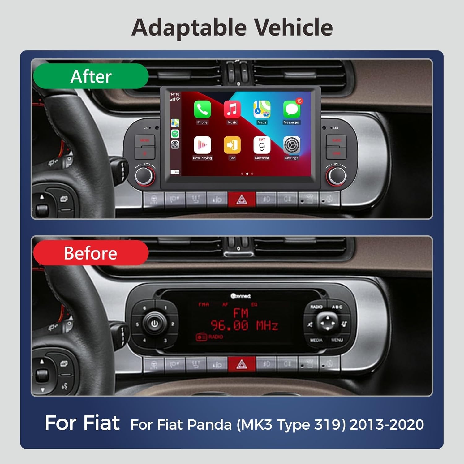 Autoradio Double Din per FIAT Panda 2013-2020 con CarPlay wireless di Apple e Android Auto, comando vocale, display IPS/GPS Navi/Bluetooth/FM/AM/USB/EQ/Touch Display