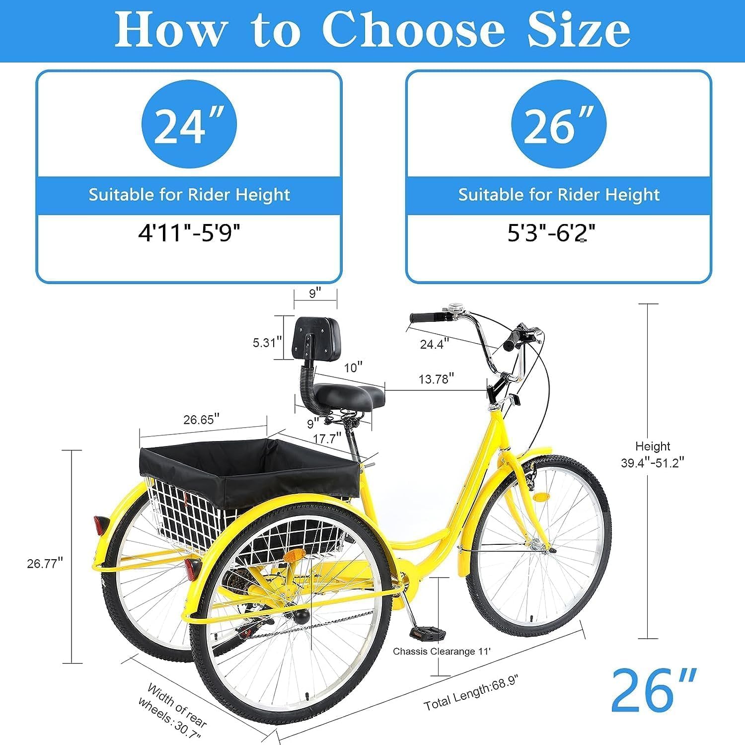 WYUEEEE Adult Tricycle 7 Speed, 26 Inch 3 Wheel Bikes Tricycle for Adults for Women/Men/Seniors, Three Wheel Bike w/Front&Rear Basket for Shopping,Picnic,Outdoor