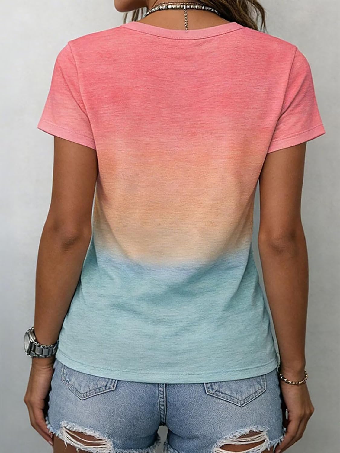 Flamingals T Shirts for Women V Neck Ombre Short Sleeve Shirts Casual Dressy Business Work Blouses Summer Tops