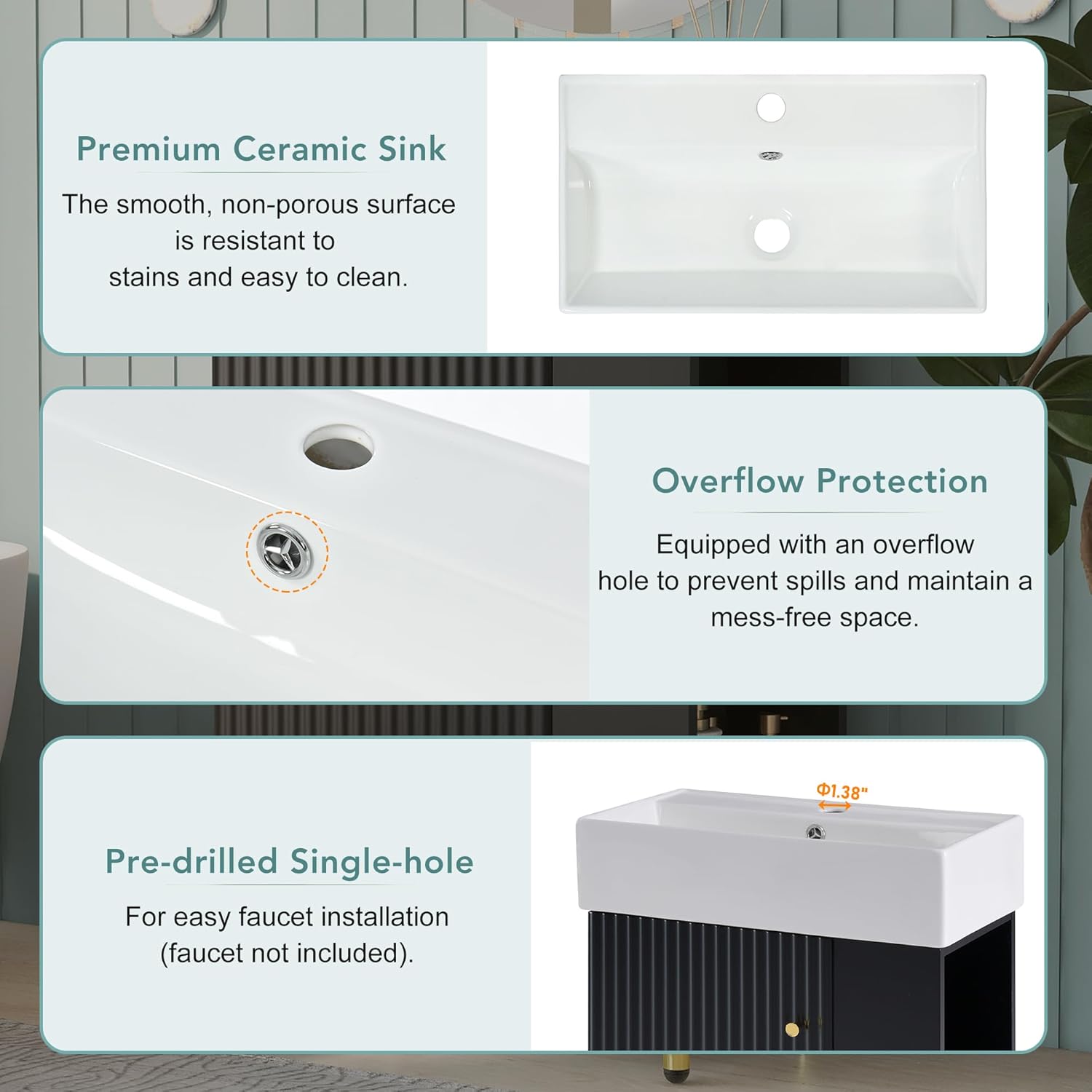 Bellemave 21.6" White Bathroom Vanity, Bathroom Cabinet Vanity with Ceramic Vessel Sink and Storage Cabinet,Freestanding Bathroom Vanity Cabinet with Gold Metal Leg(Green-Shelf on The Right)