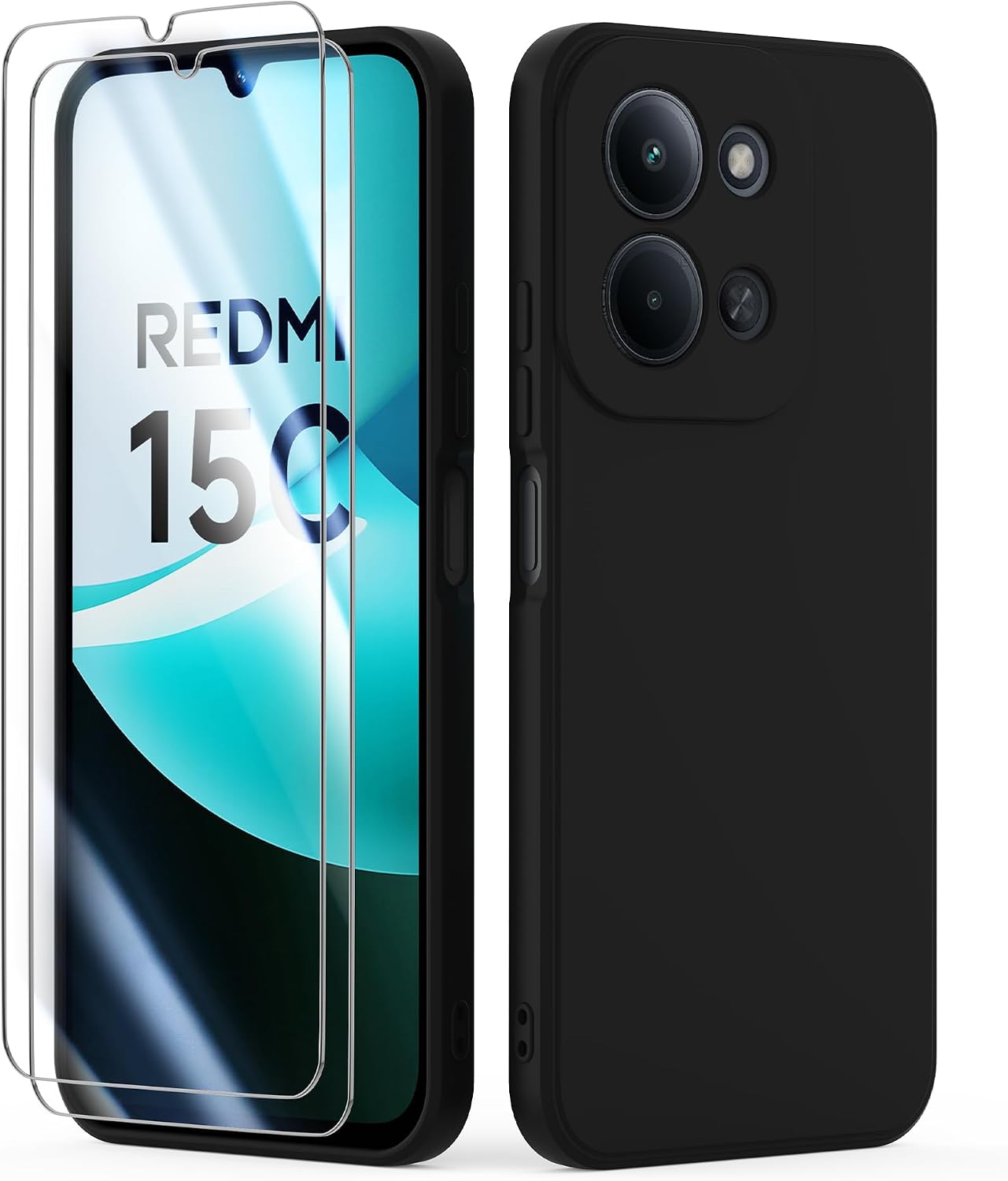 Case for Xiaomi Redmi 15C 4G / 5G with 2 Pieces Screen Protectors Mobile Phone Case Thin Soft TPU Shockproof Liquid Silicone Case Anti-Scratch with Microfibre Protective Case - Black