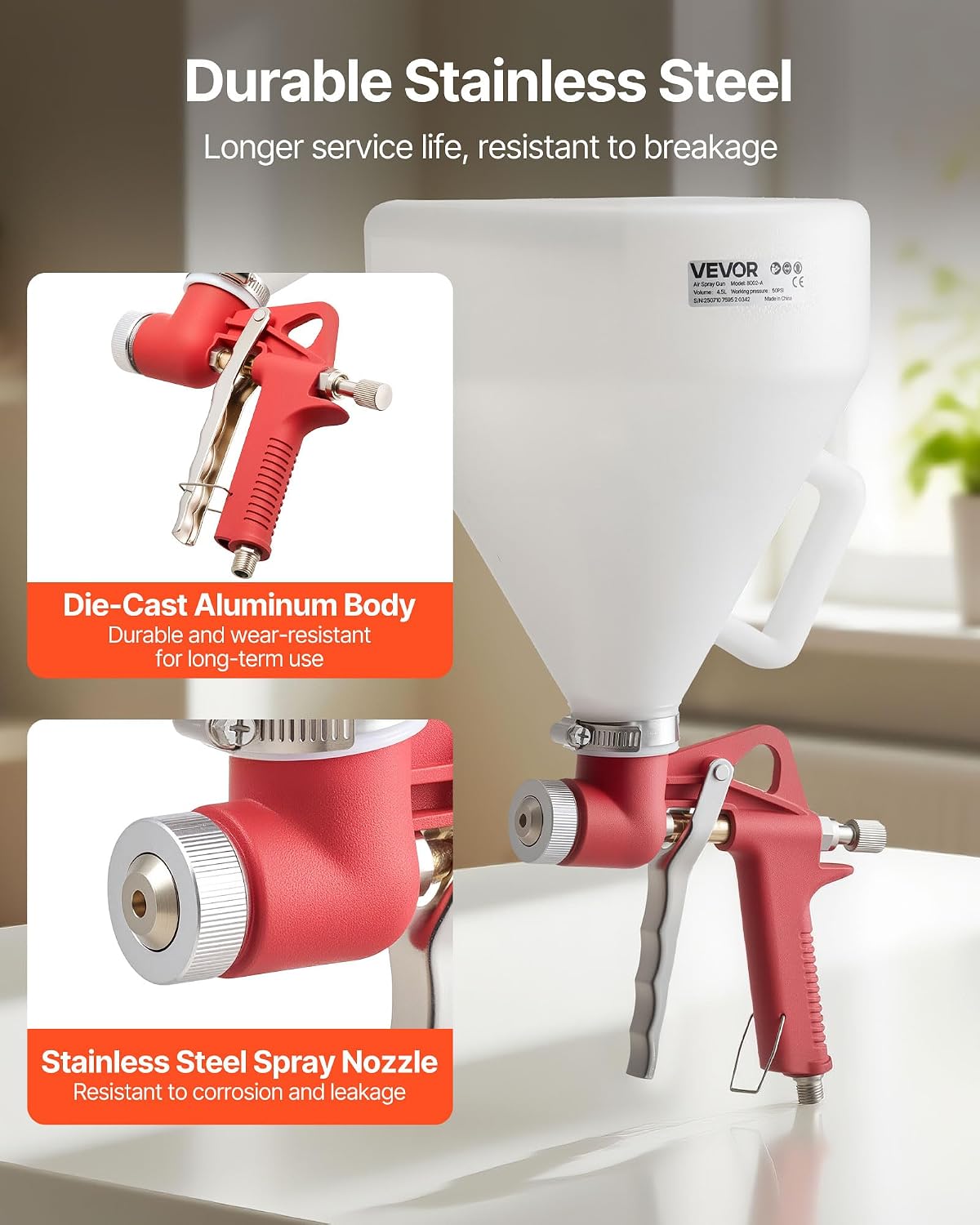 VEVOR Air Texture Spray Gun, 1.45 Gallon Air Hopper Spray Gun, Professional Drywall Texture Painting Sprayer with 3 Nozzles (3.5mm, 6mm, 8mm) for Popcorn, Knockdown, Orange Peel Textures