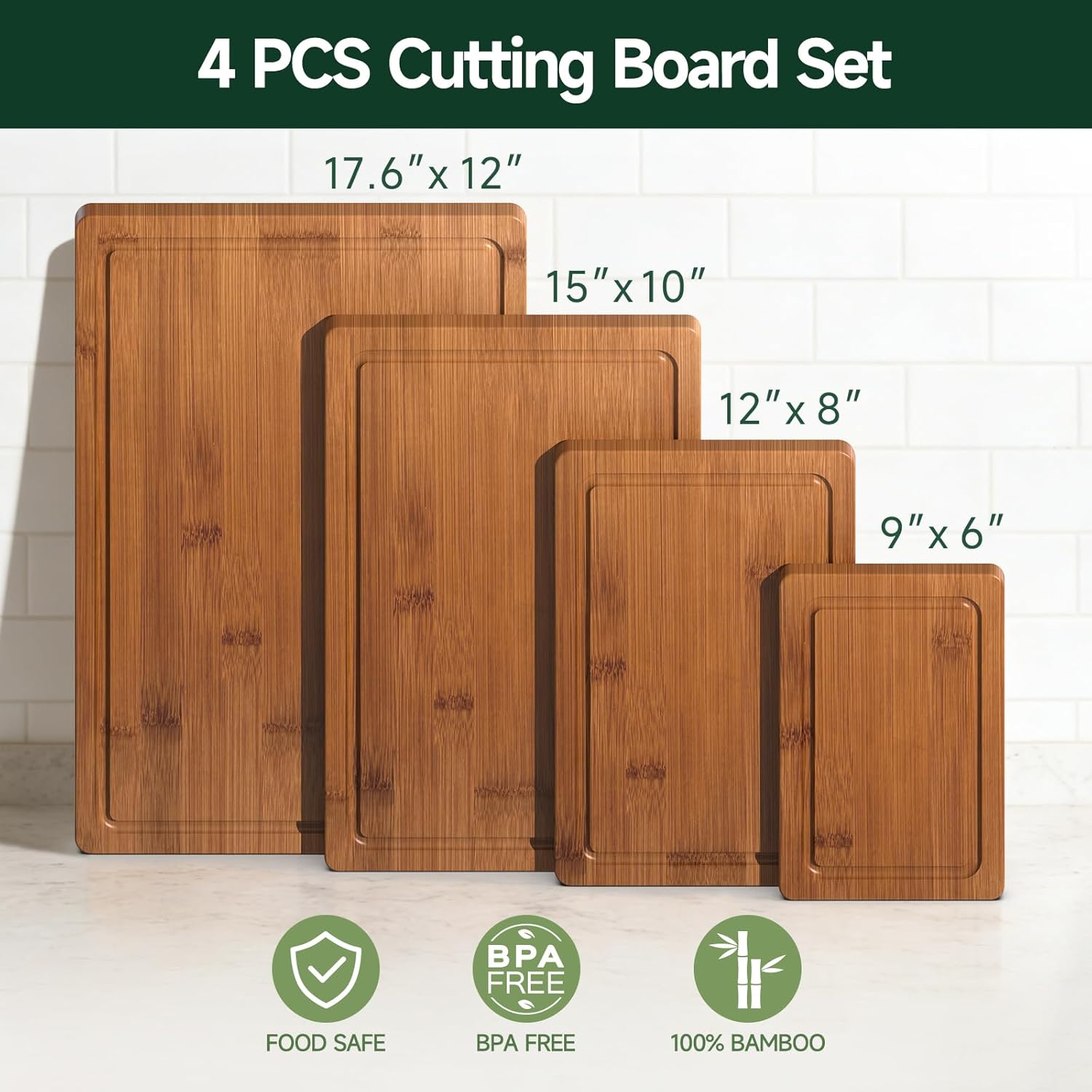 4-Piece Set Bamboo Cutting Board for Kitchen - Crack-Resistant Wood Chopping Boards with Deep Juice Grooves, Pre-Oiled Butcher Block for Meat, Vegetables & Cheese, Carbonized