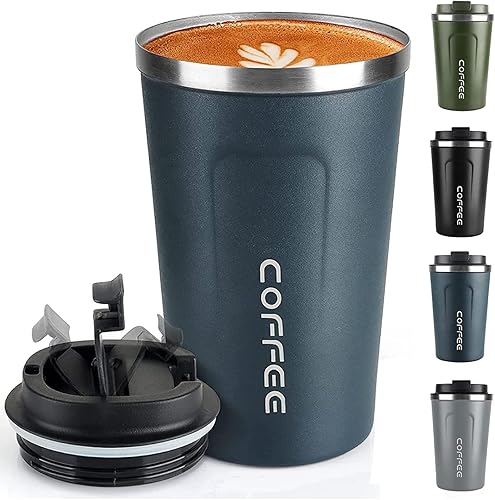 Taza de café de 12 onzas  Taza de café de viaje aislada a prueba de derrames con tapa a prueba de fugas de acero inoxidable al vacío, vasos de café
