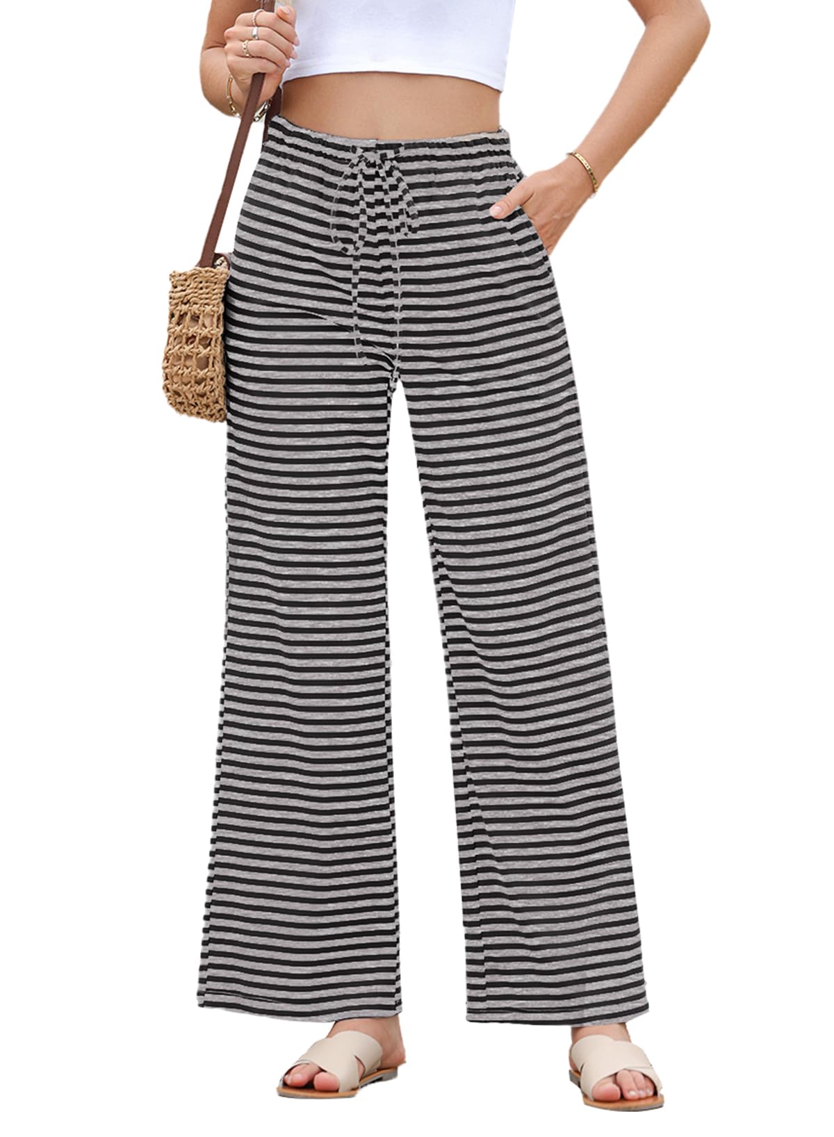 EVALESS Wide Leg Pants for Women Drawstring Elastic Waist Stripe Ribbed Sweatpants with Pockets