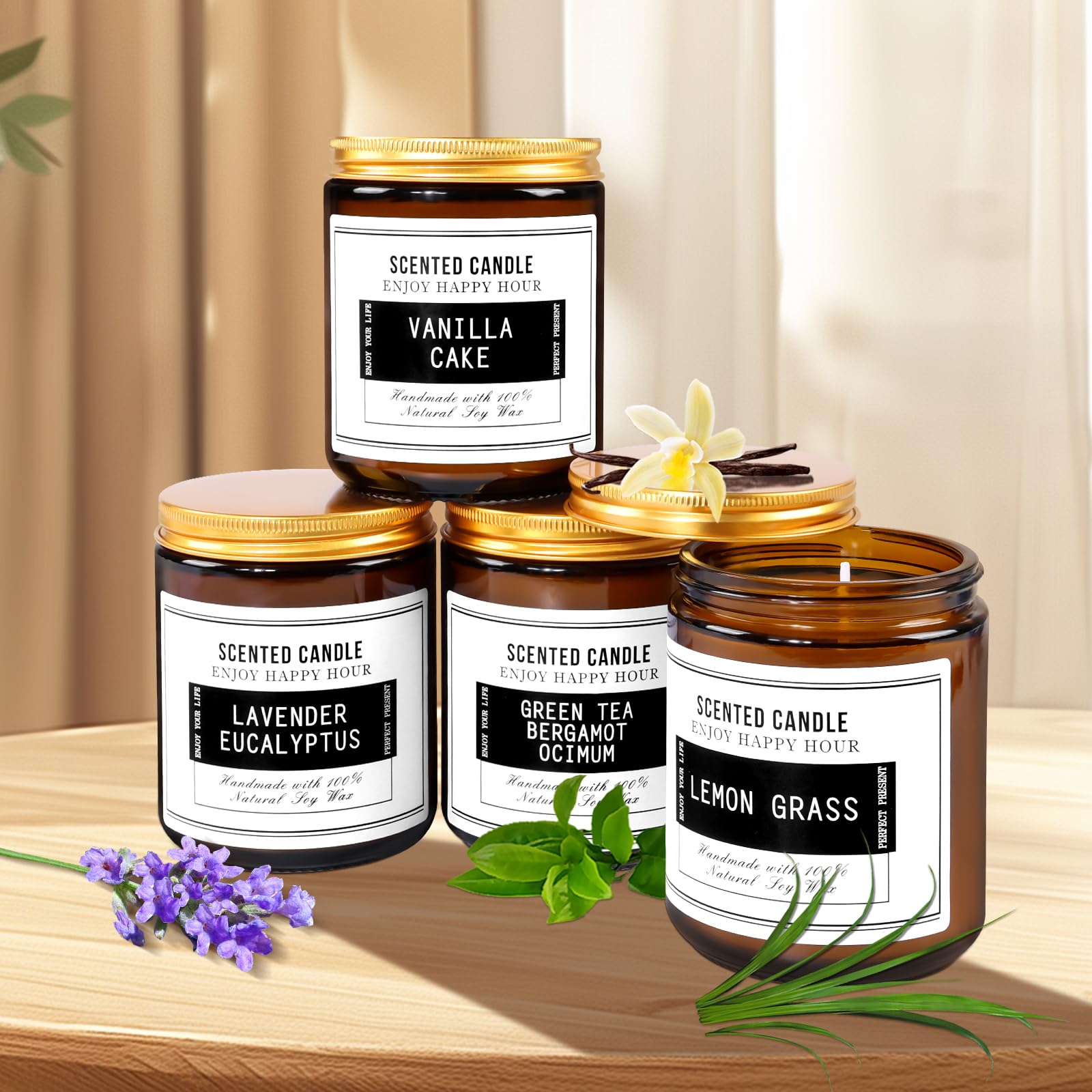 Vela perfumada prémium (M-4 piezas, eucalipto y lavanda/té verde y bergamota ocímum/hierba de limón/pastel de vainilla)