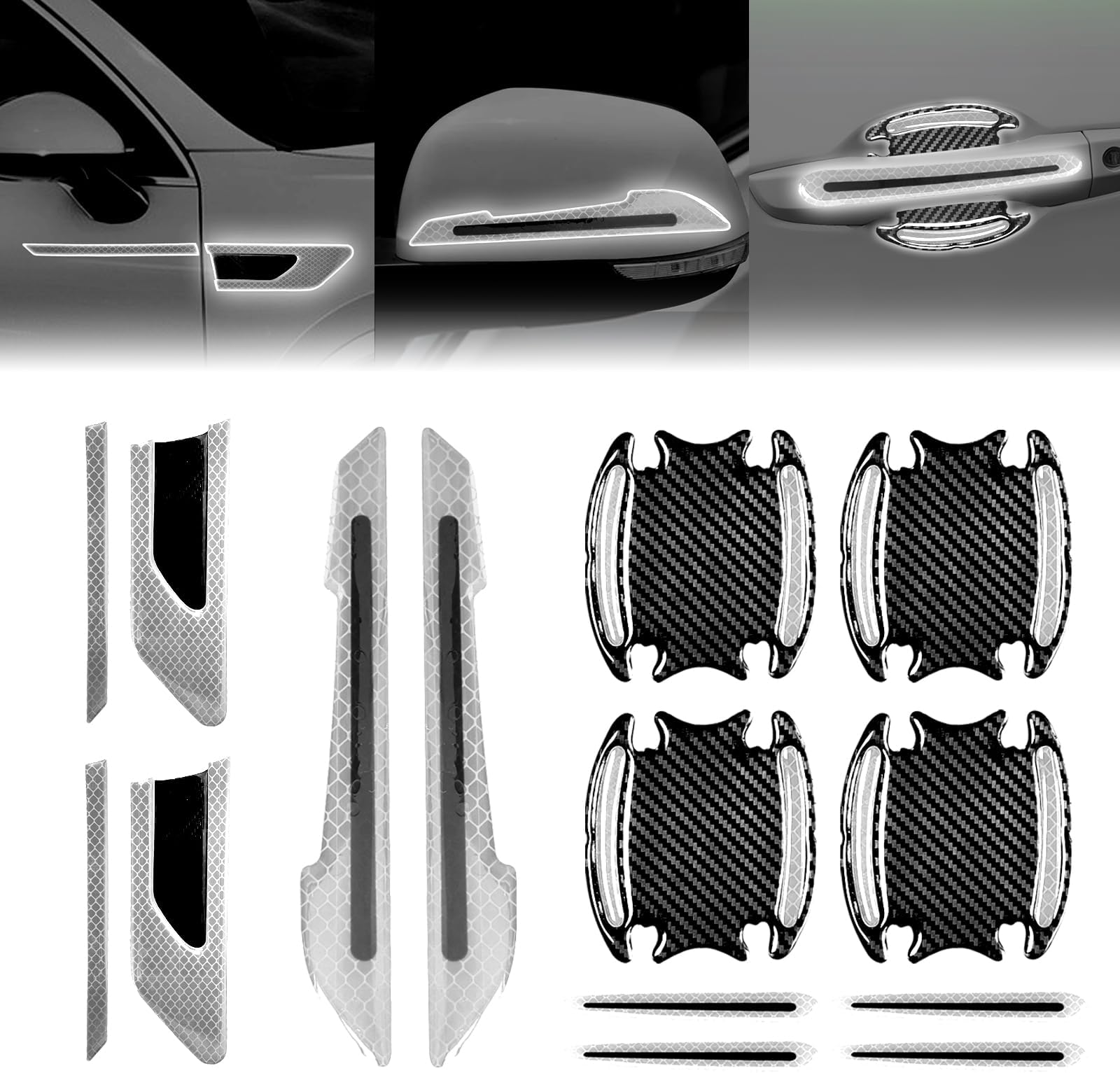 12-Piece Reflective Car Stickers Set - Rearview Mirror, Side and Door Handle Stickers - 3D Carbon Fiber, Anti-Scratch, Protective Films (White)