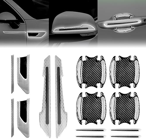 Juego de 12 calcomanías reflectantes para automóvil, espejo retrovisor, laterales y manijas de puerta, fibra de carbono 3D, antiarañazos, películas