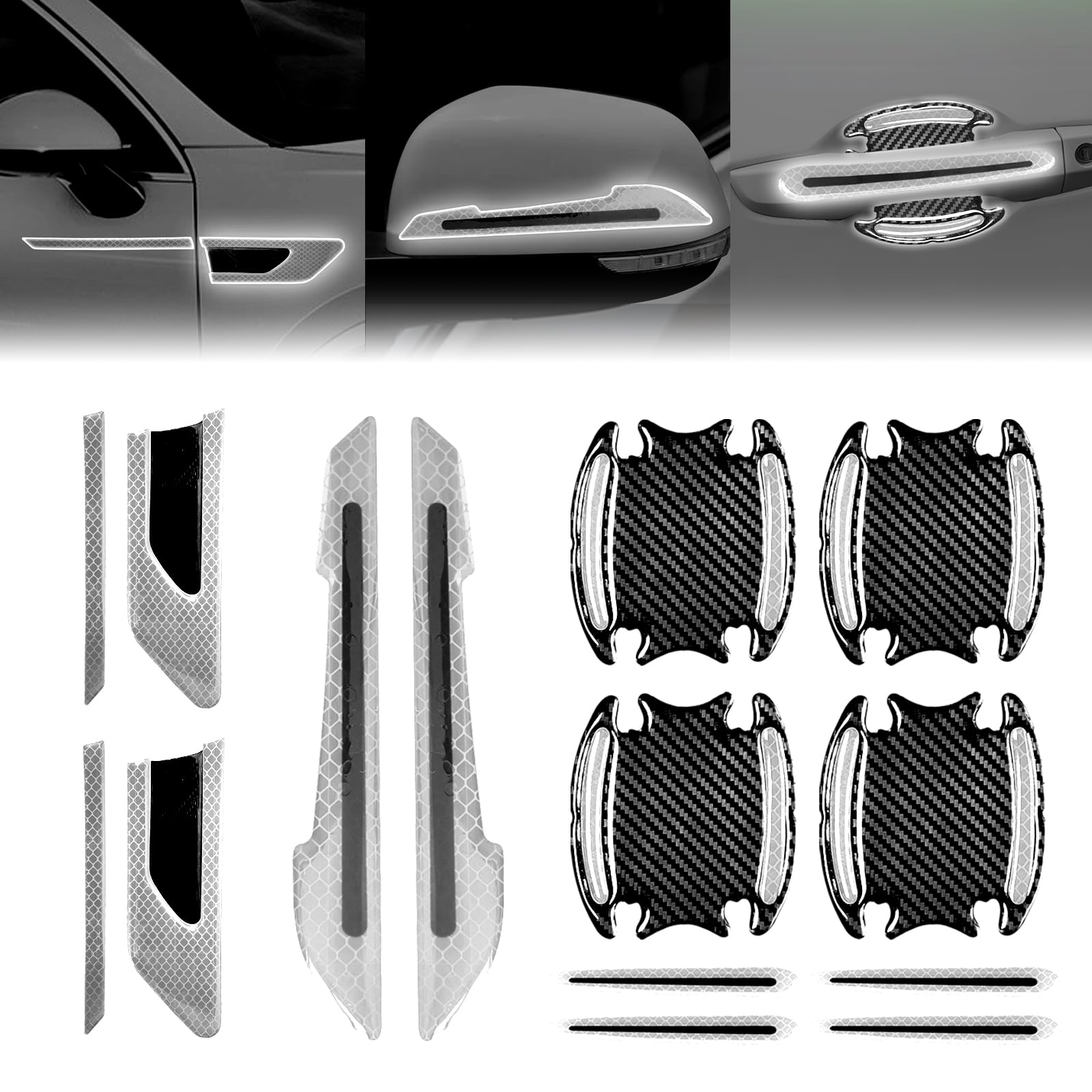 12-Piece Reflective Car Stickers Set - Rearview Mirror, Side and Door Handle Stickers - 3D Carbon Fiber, Anti-Scratch, Protective Films (White)
