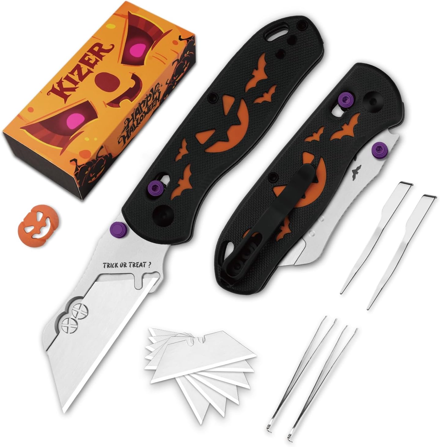 Kizer Uti Bear(New Dual-screw Version) Folding Utility Knife, Clutch Lock Box Cutter EDC Pocket knife with 5PCS Razor Blades, G10 Handle Pocket Knives for Men Women Gift V3619JHW1