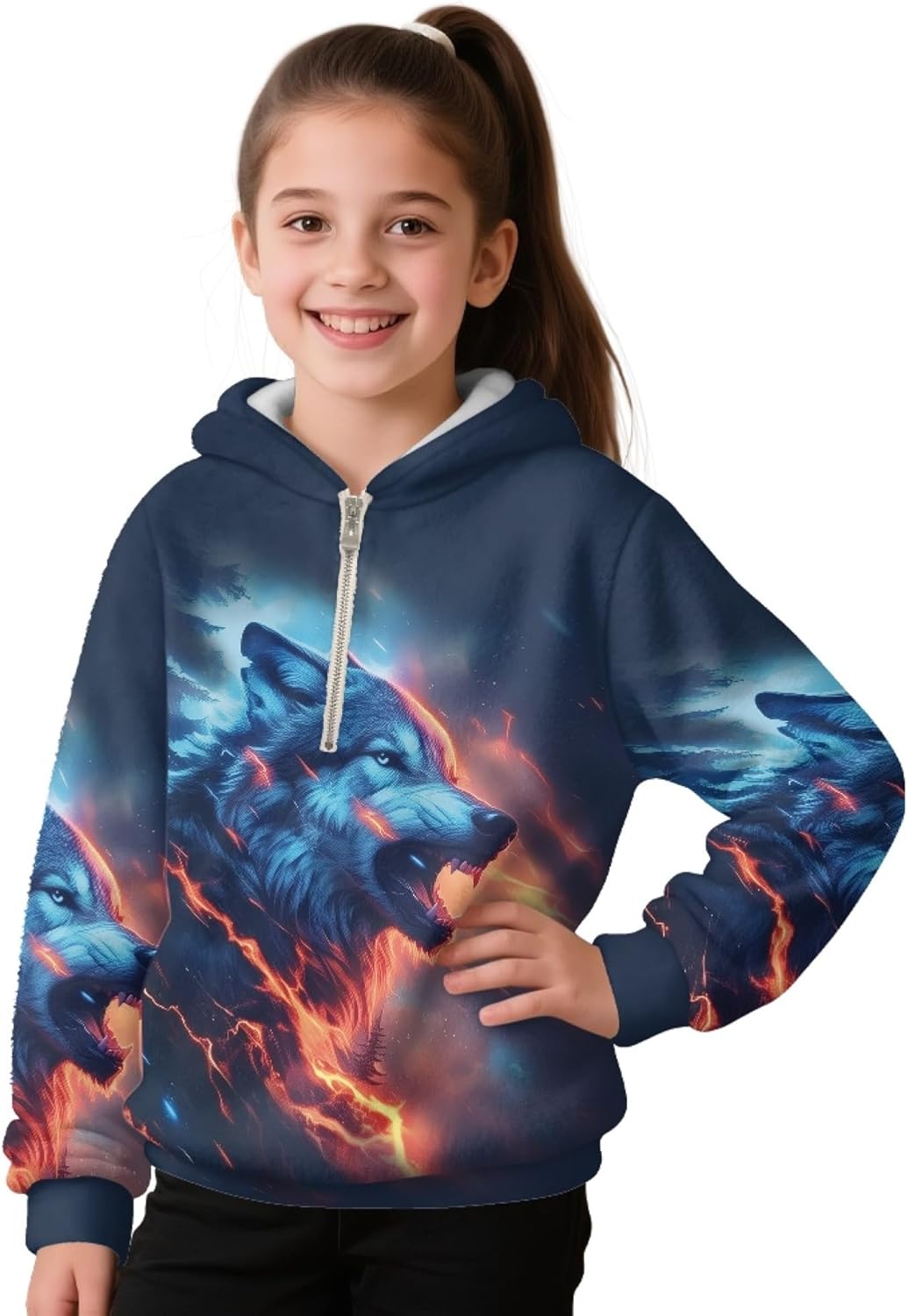 AmzPrint Little Girls Quarter Zip Pullover Fleece Jacket Long Sleeve Winter Birthday Oversized Hoodie For Teen Girls