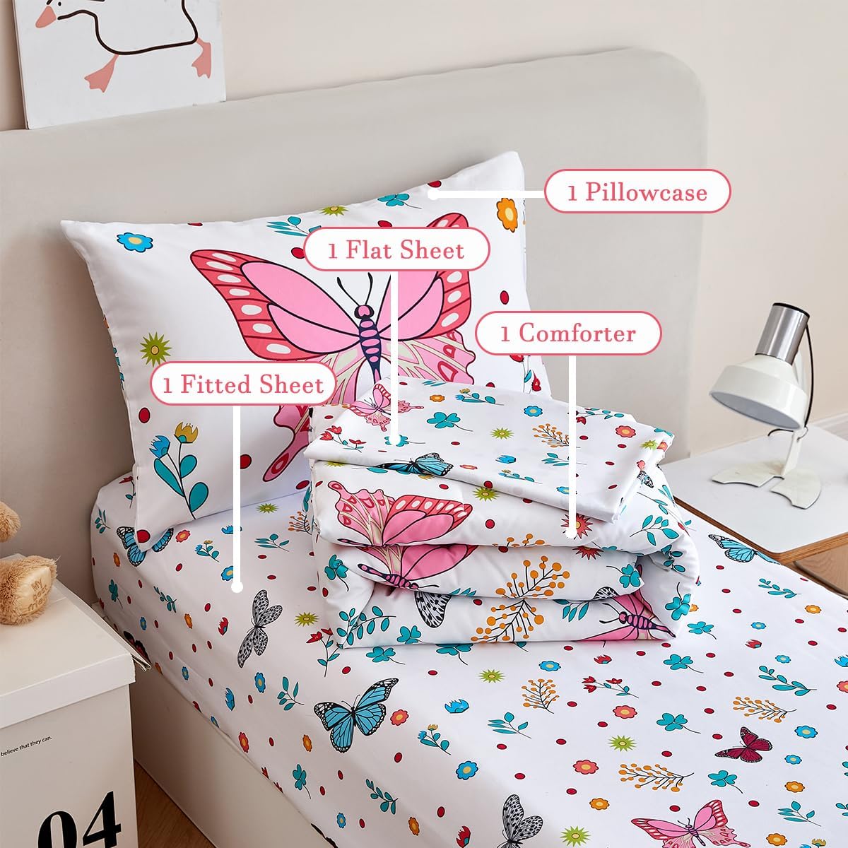 PERFEMET 4-Piece Girls Butterfly Bedding in Pink Floral - Reversible Colorful Flower Toddler Bed Comforter Set for All Season (White, Butterfly) - Image 7