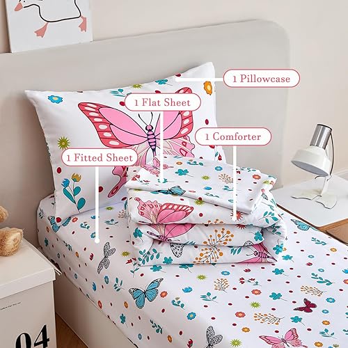 Miniatura 7 de PERFEMET Juego de ropa de cama de 4 piezas con diseño de mariposas y flores para niñas pequeñas, color rosa, floral, reversible, suave, en una