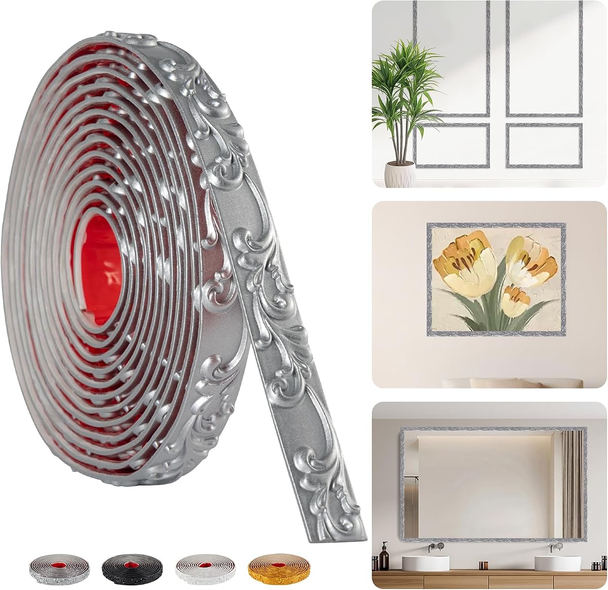 Moldura de corona plateada para despegar y pegar de 16.4 pies x 1.02 pulgadas – Borde de espejo flexible para despegar y pegar, borde decorativo autoadhesivo para marcos y gabinetes