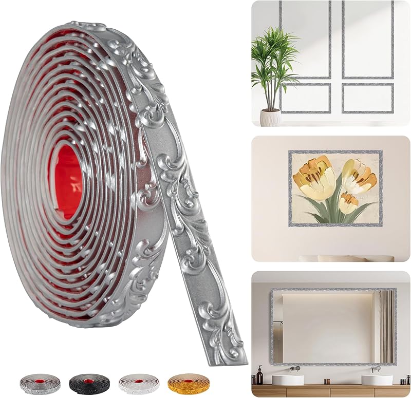 Moldura de corona plateada para despegar y pegar de 16.4 pies x 1.02 pulgadas – Borde de espejo flexible para despegar y pegar, borde decorativo autoadhesivo para marcos y gabinetes