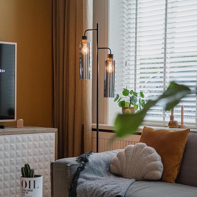 Qazqa QAZQA - Moderne vloerlamp zwart met smoke glas 2-lichts - Stavelot | Woonkamer | Slaapkamer | Keuken - Glas Langwerpig - E27 Geschikt voor LED - Max. 2 x 40 Watt photo 2