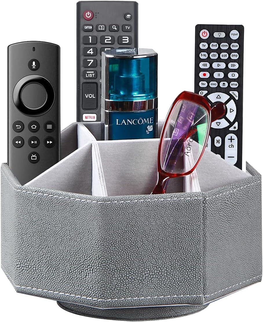 Leather Remote Control Holder,360 Degree Spinning TV Remote Caddy,9 Grids Desk Organizers and Accessories for Storage Controller,Calculator,Mail,Media,Pen,Phone etc(Grey Fish pattern)