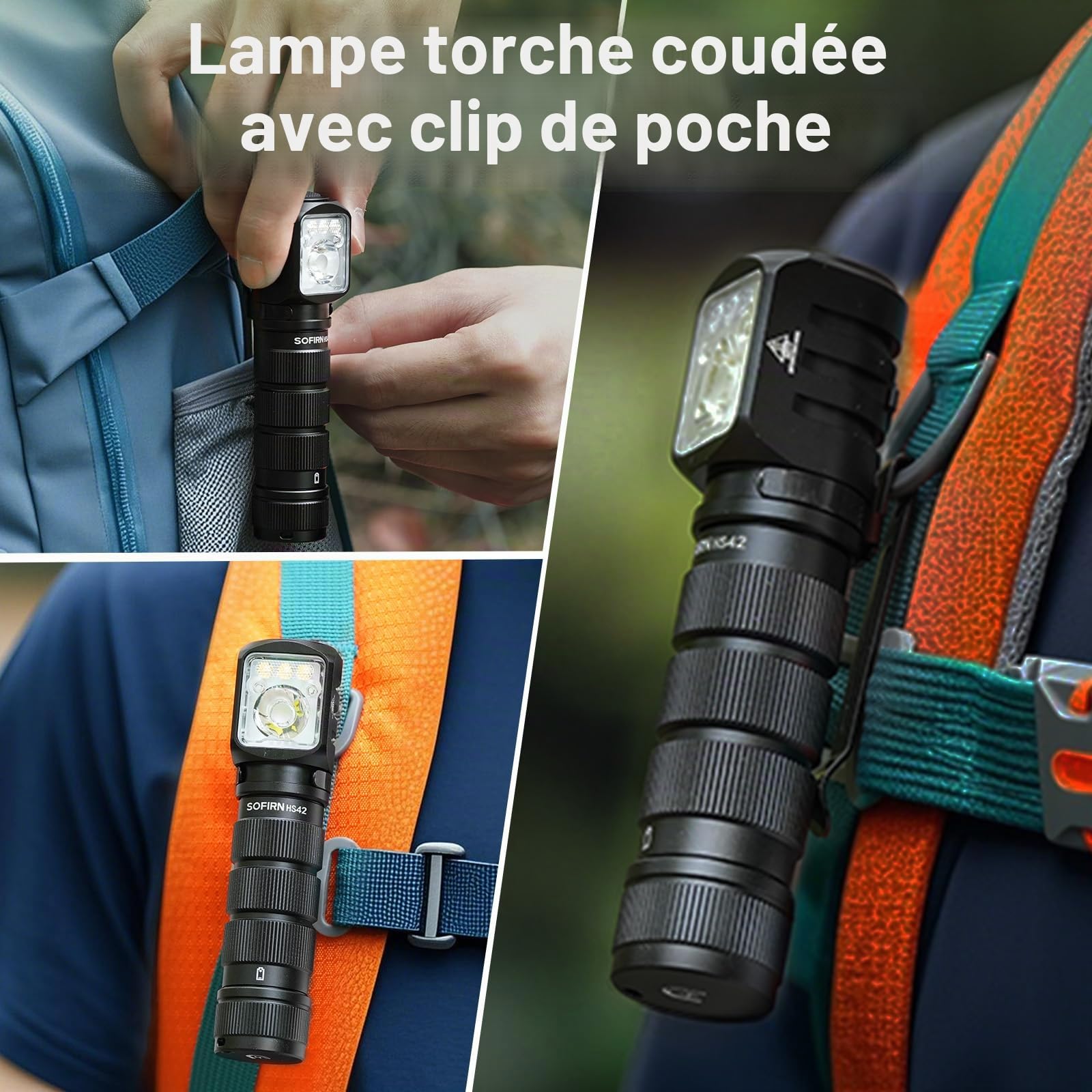 Lampe frontale rechargeable avec lumière rouge – Lampe frontale Sofirn HS42 à double clip, 2100 lumens super lumineuse, lampe torche LED à angle droit avec base magnétique, lampe frontale de camping