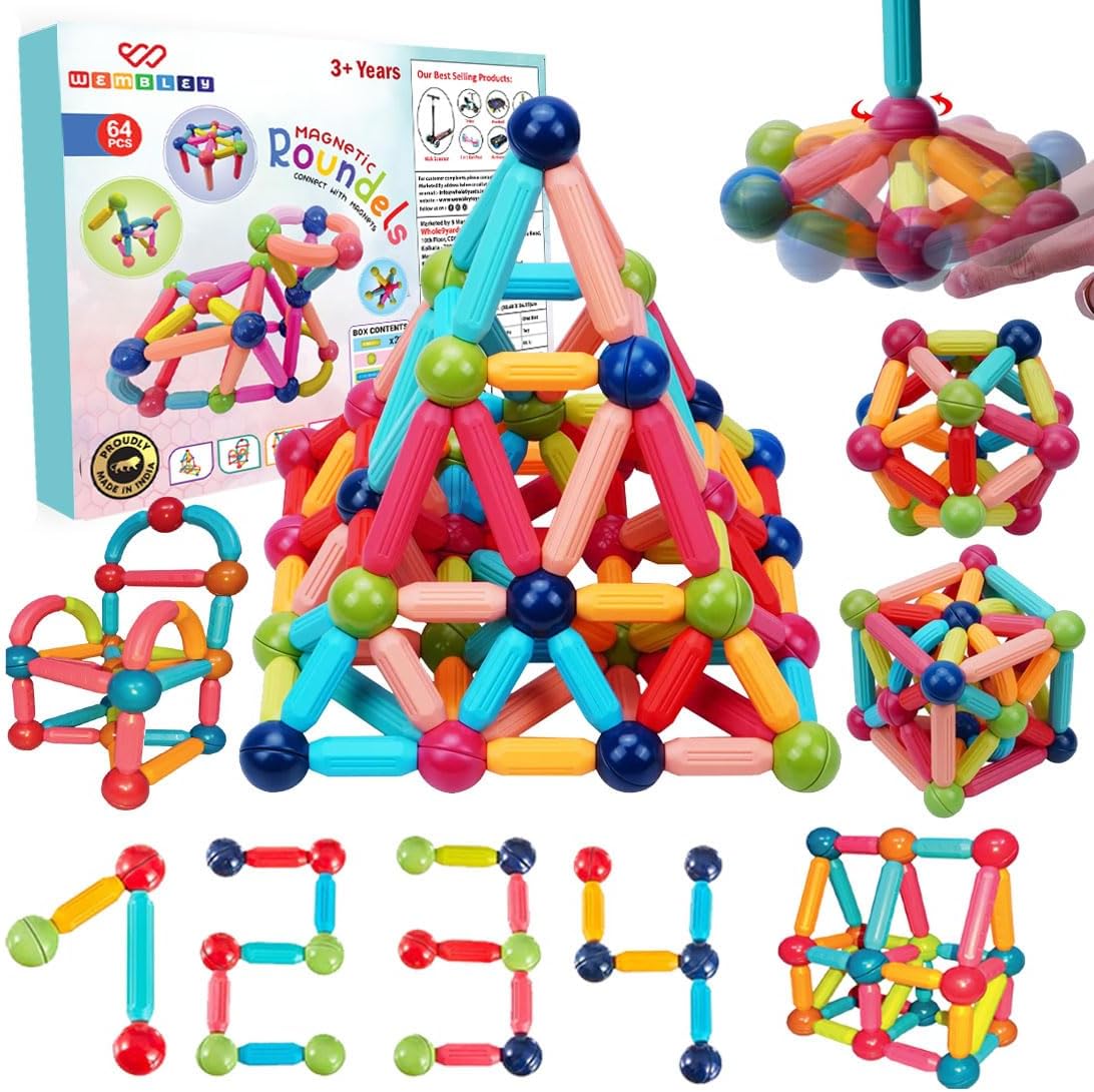 Wembley Magnetic Stick Building Blocks Brain Games for Kids Toys for Girls 3 + Years 4 5 6 8 10 12 to 14 Old with Magnet Balls and Sticks STEM Learning Educational Magnetic Toys for Boys - 64 Pcs