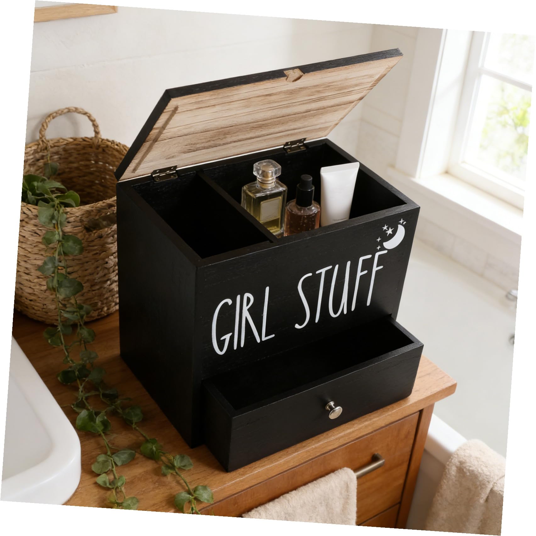 PACKOVE Contenitore per Assorbenti in Legno con Coperchio Scatola Portaoggetti per Prodotti Igienici Organizer per Ciclo Mestruale per Bagno Piccolo Contenitore per Accessori per Bagno