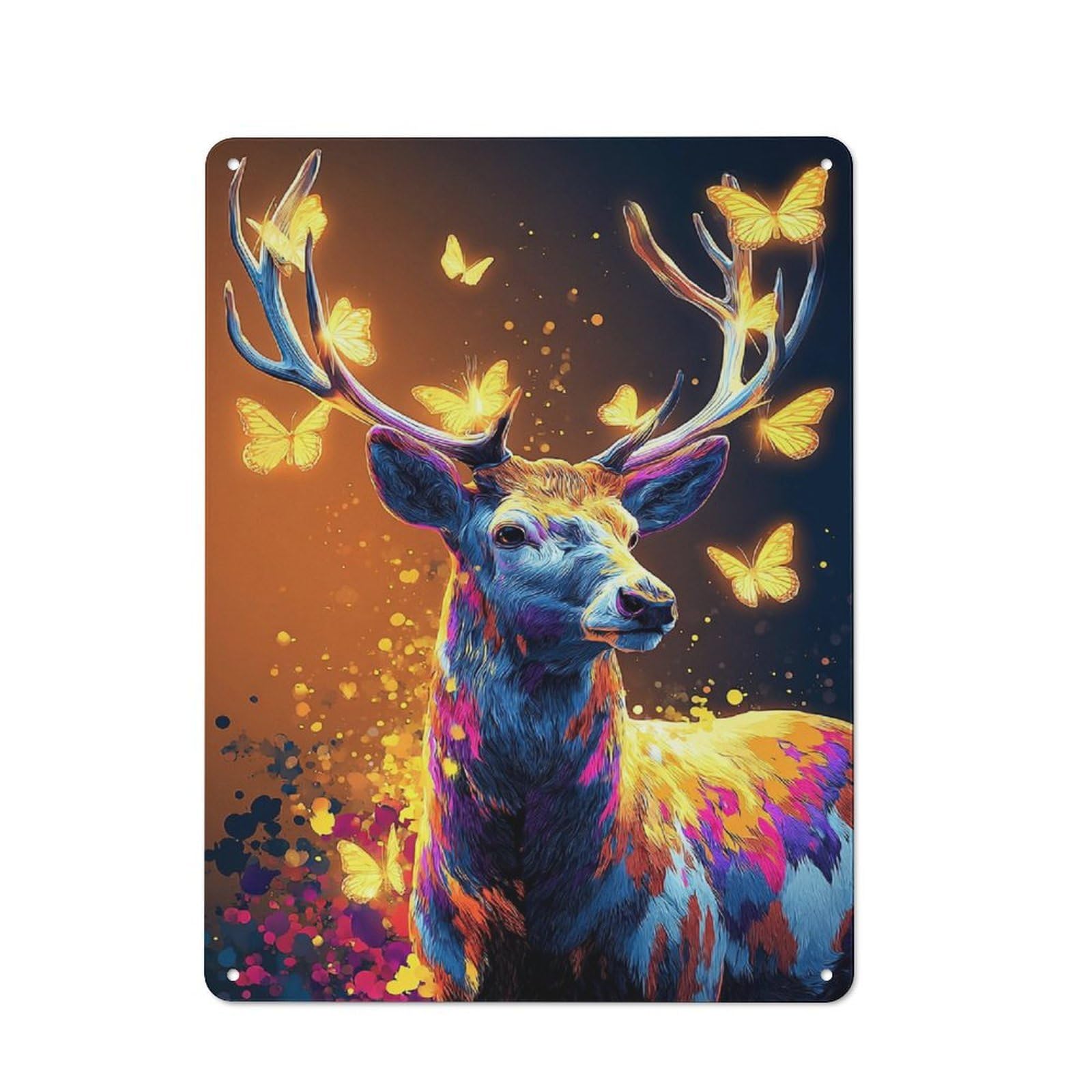 Junmoney Colorful Deer With Butterflies Decorative Metal Plaque 40X30cm, Garage Style Shed Wall Plaque For Workshop, Basement, Shed Or Games Room