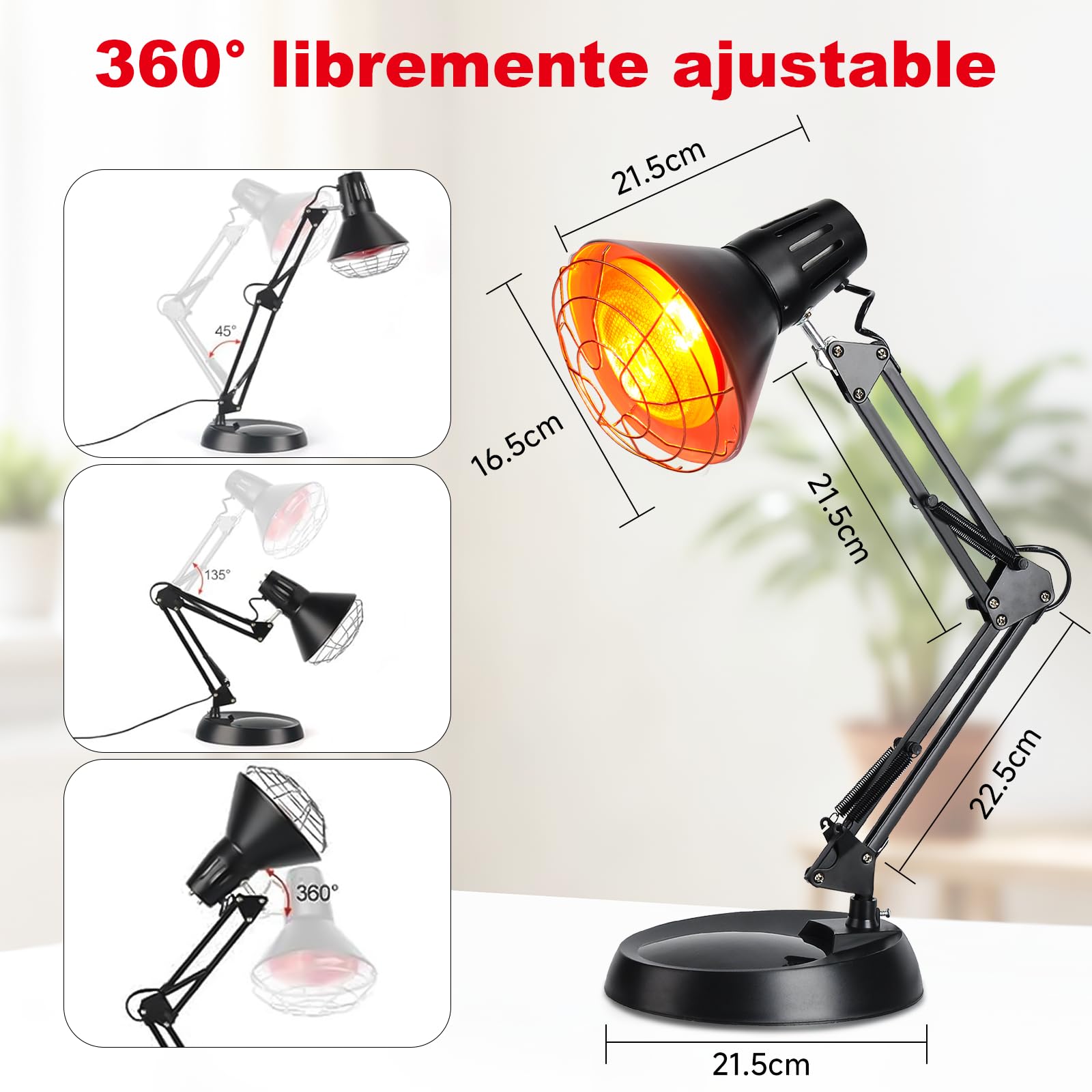 Cozion Lámpara de In frarrojos 150w, Lámpara de Luz Roja de Luz In-frarroja para El Dolor, Lámpara de Calor In-frarroja para Uso Doméstico (Negro)