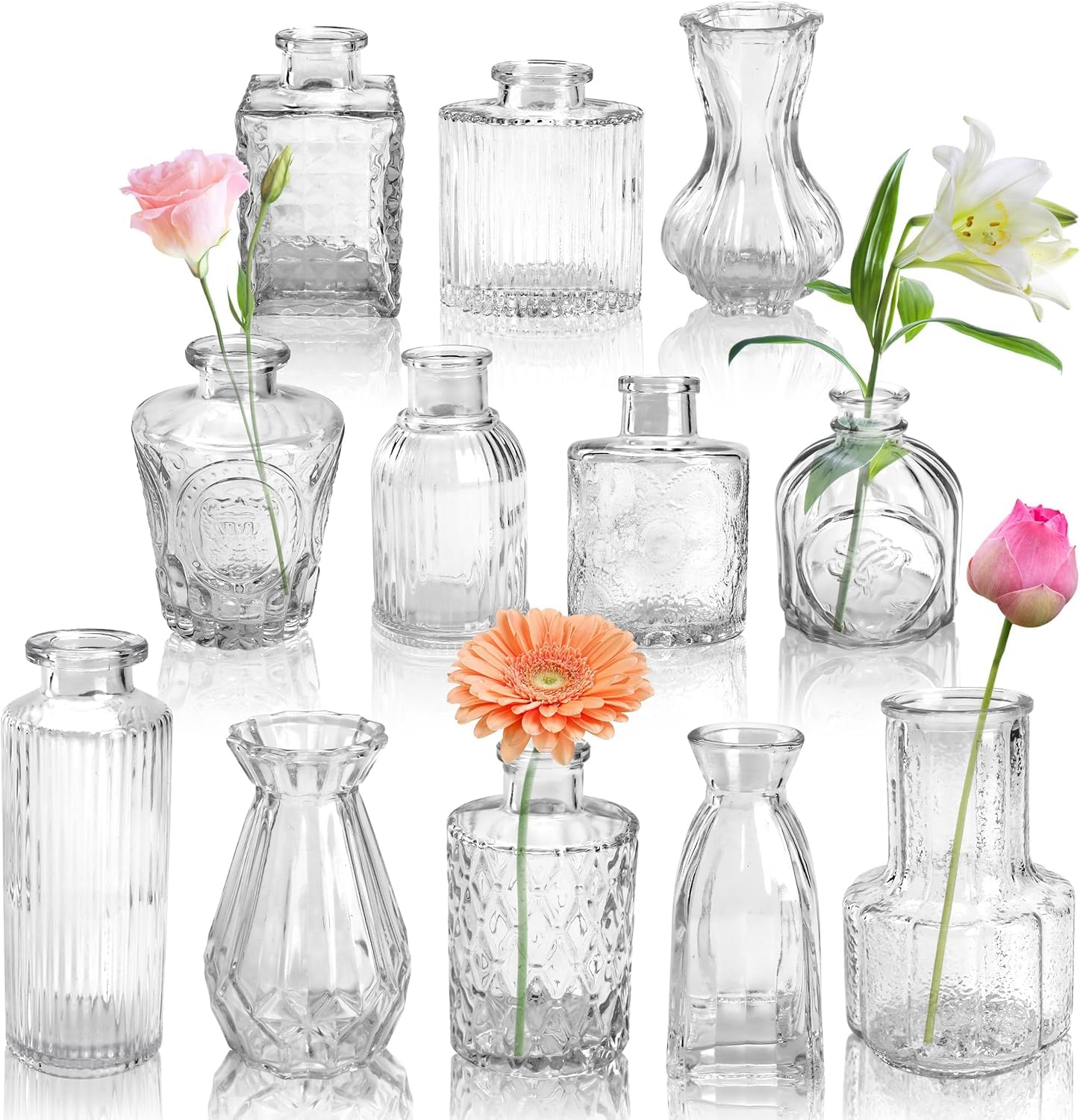 SUPMIND 12 stuks glazen bud vaasset, kleine bloemenvaas voor tafelstukken, roze knopvazen in bulk, mini vintage vaas voor rustieke bruiloftsdecoraties