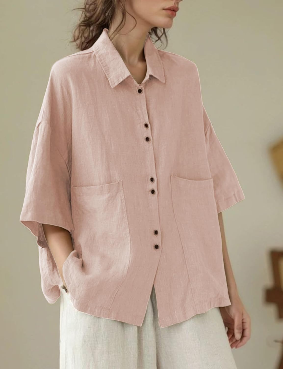 QIBABU Linen Button Down Shirt for Women Casual Half Sleeve Blouses Summer Collared Tops - Image 2