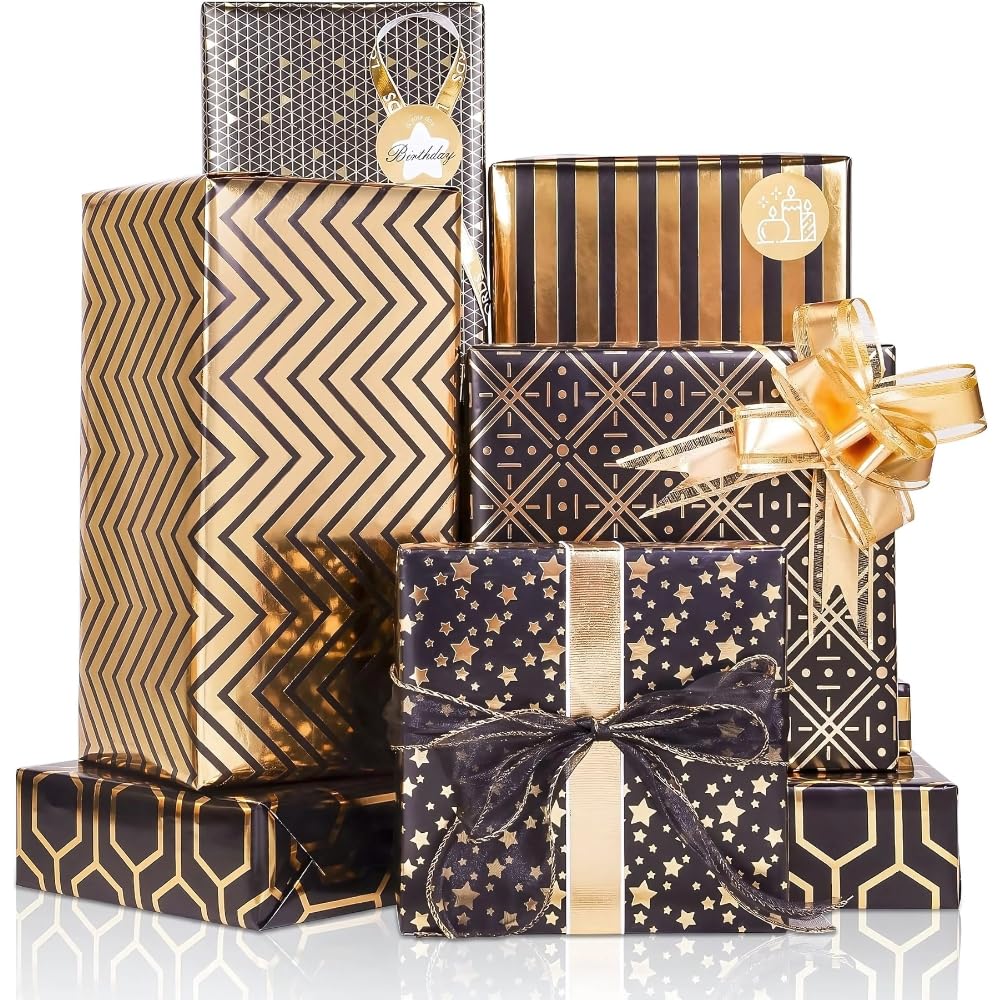 iLLYS Gift Wrapping Paper sheets Set Included 6 Pack Metallic Black Gold Foil Gift Wrap Paper with Gift Bow & Sticker for Birthday Party Wedding Graduation Eid 43 cm X 3 m Per Sheet