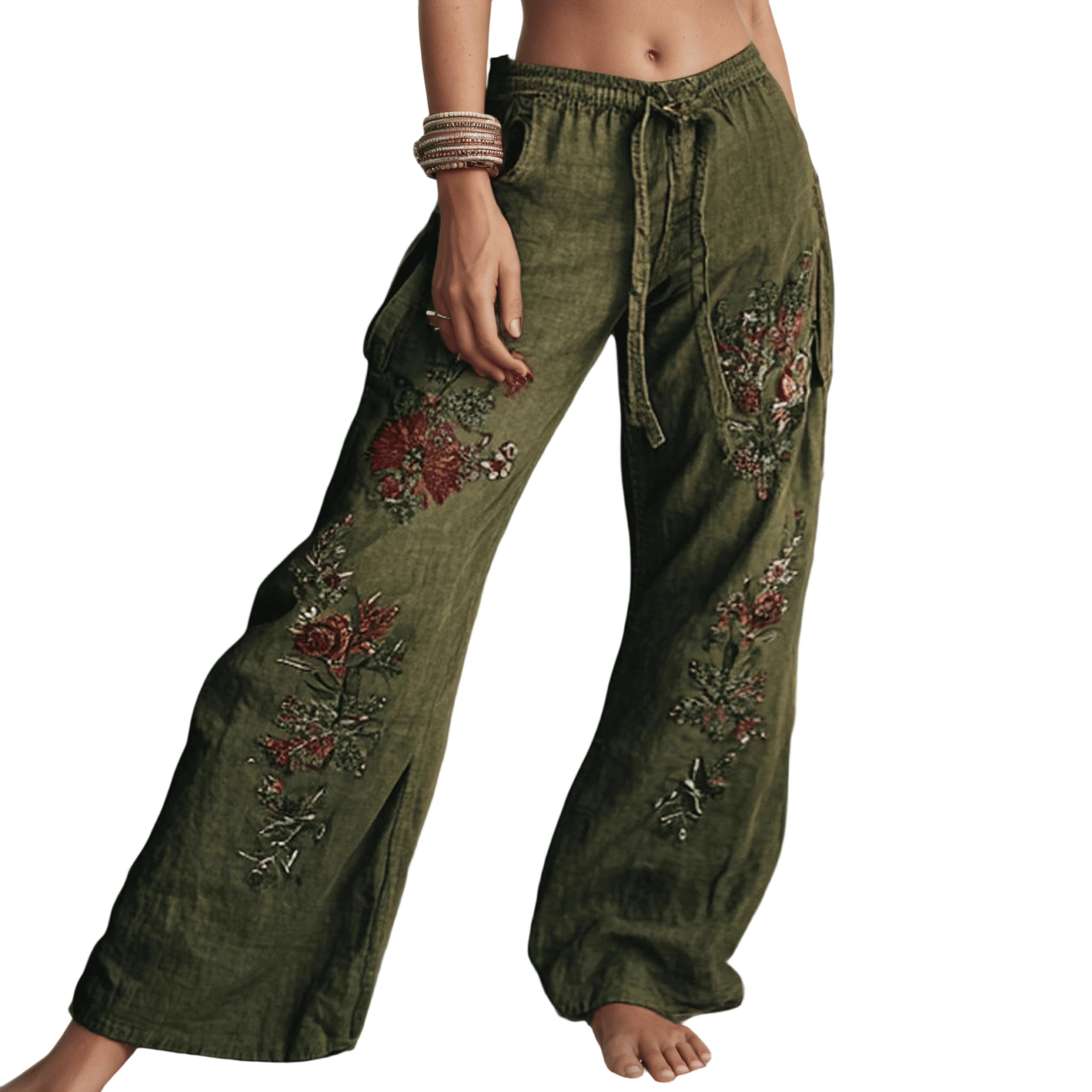 Womens Boho Loose High Waist Linen Vintage Ethnic Trousers Casual Floral Printed Wide Leg Pants with Pockets
