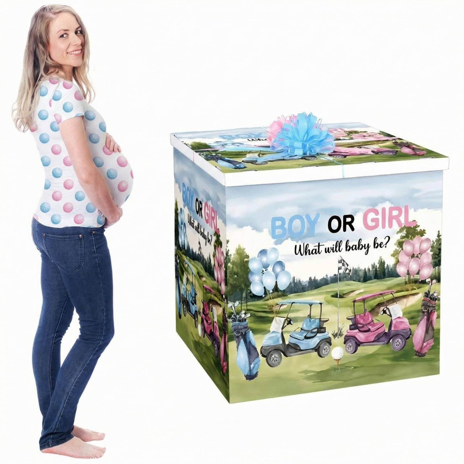 AmazingSpark 28in Jumbo Gender Reveal Gift Box Kit with Oversized Box Giant Pull Bows for Gender Reveal Baby Shower Birthday Party Decor(Blue or Pink Golf)
