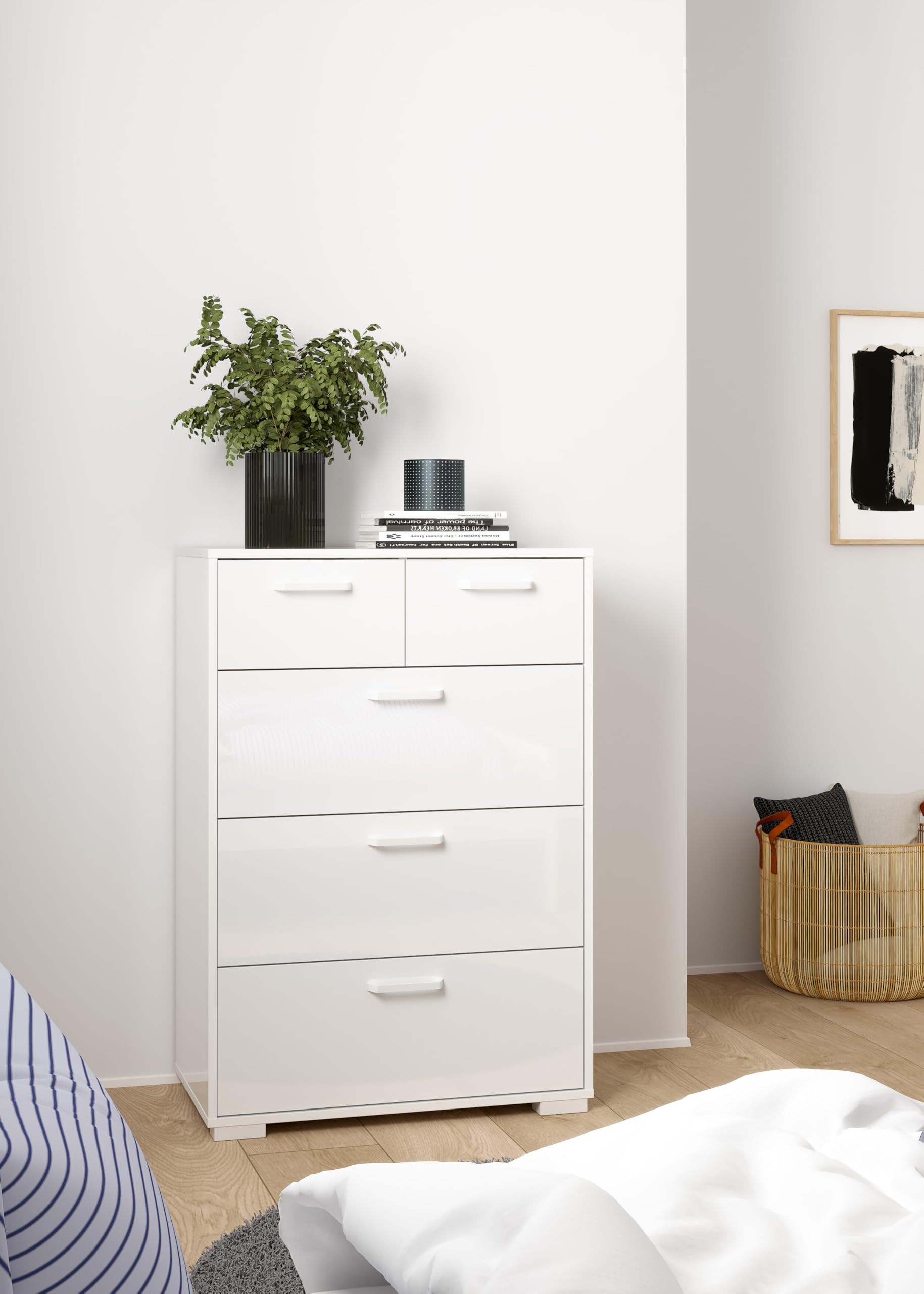WELL HOME MOBILIARIO & DECORACIÓN Cómoda Eria, Cajonera Moderna con 5 Cajones, Color Blanco Alto Brillo, 71 x 40 x 102 cm