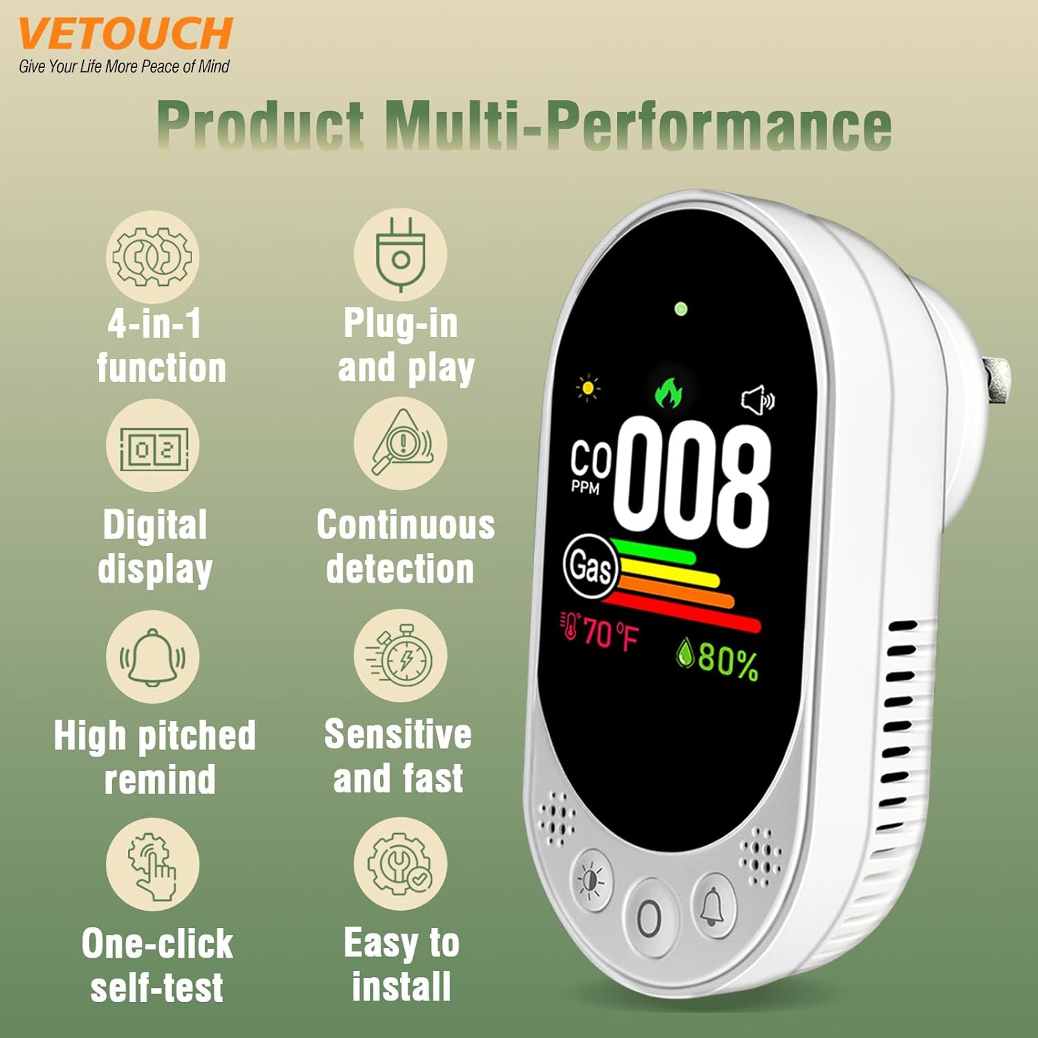 Plug-in Combination air Detector, 4 in 1 Combination Natural Gas and Carbon Monoxide Detector, detects CO, Gas,and Humidity Values. for Home, Bedroom, Kitchen, RV, 1 Pack - Image 8