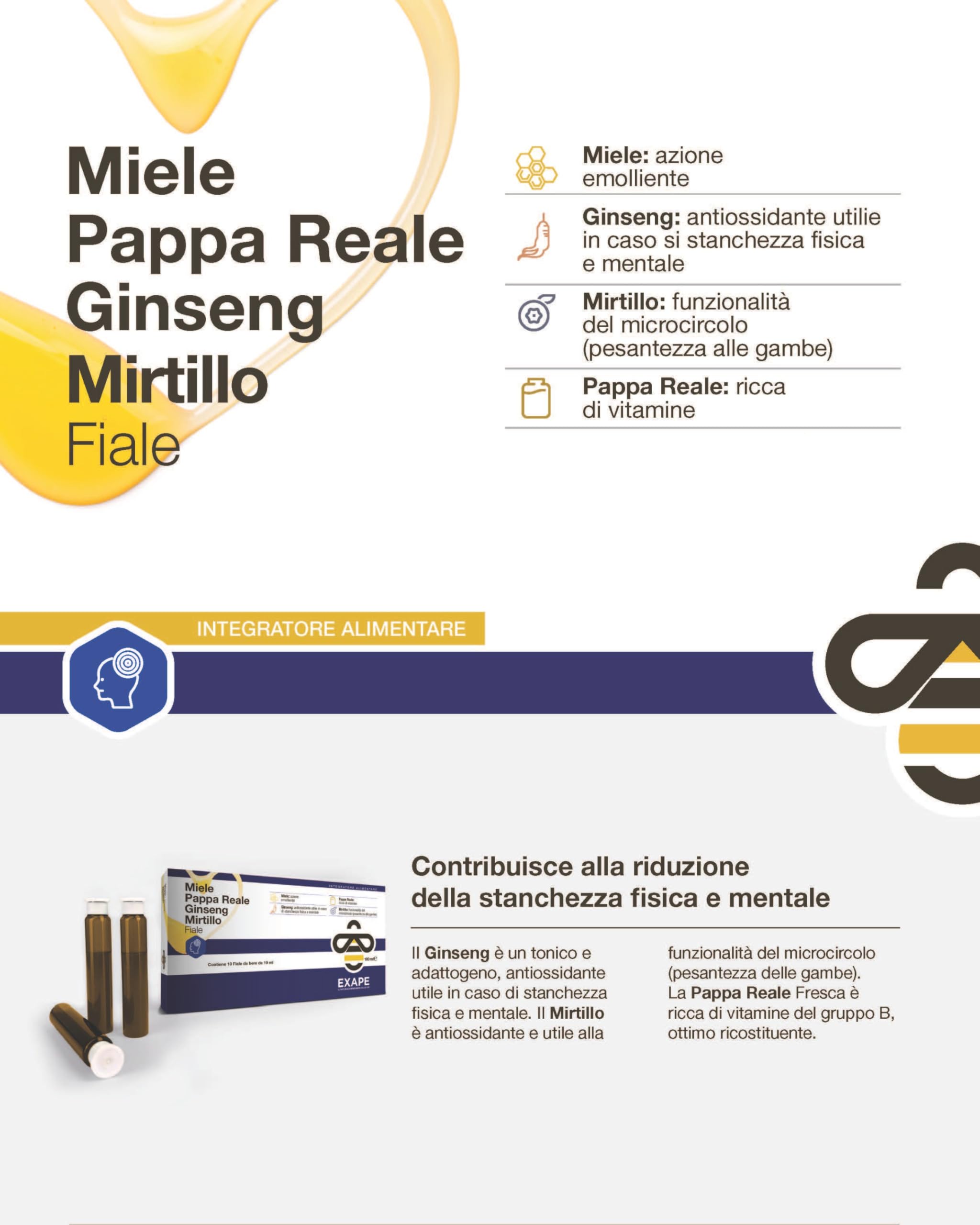 EXAPE - Pappa Reale Fresca Tonico Naturale, Integratore Energetico, Azione Ricostituente e Antiossidante, con Miele 50%, Pappa Reale Fresca, Ginseng, Mirtillo, 10 Flaconcini da 10ml - 2 CONFEZIONI