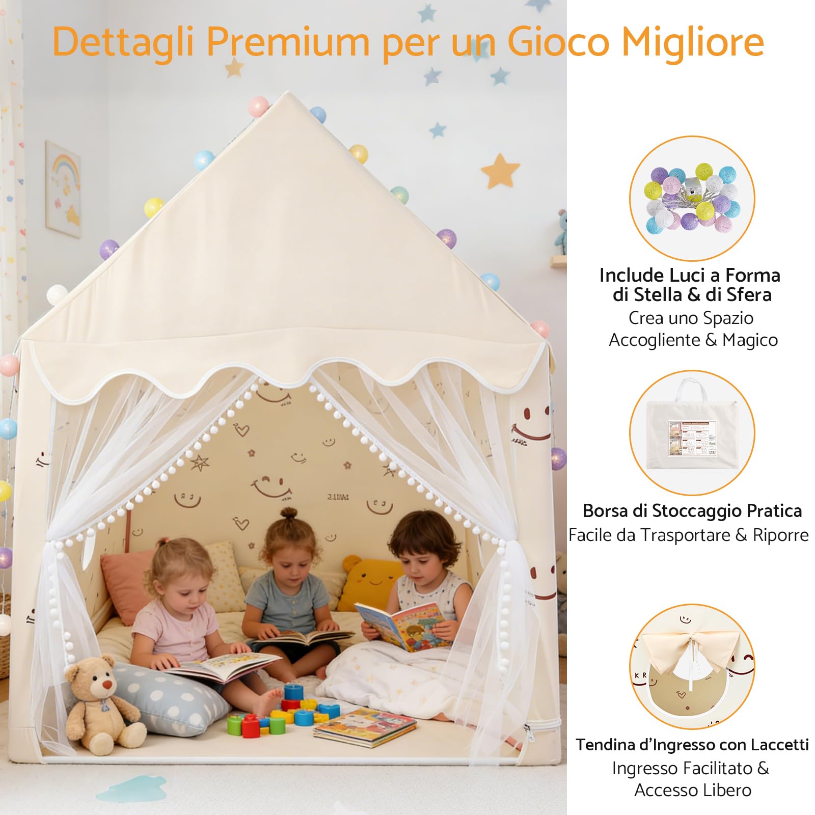 Tenda Gioco per Bambini 120×100×130 cm con Luci LED e Finestre | Capanna da Gioco per Bambini di 3-12 Anni Spaziosa e Portatile per Interno ed Esterno, Montaggio Rapido in 10 Minuti
