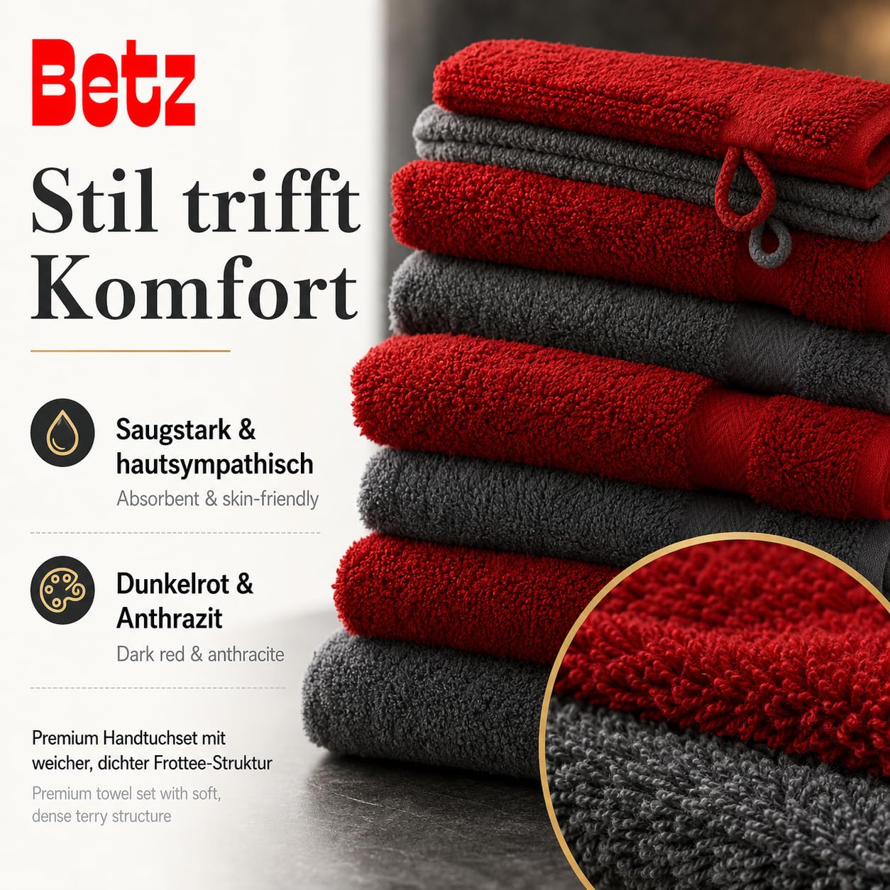 Betz 10-teiliges Premium Handtuchset - 100% Baumwolle Frottee - Saugstark & Hautsympathisch - 2X Duschtücher - 4X Handtücher - 2X Gästetücher - 2X Waschhandschuhe - Farbe Dunkelrot & Anthrazit