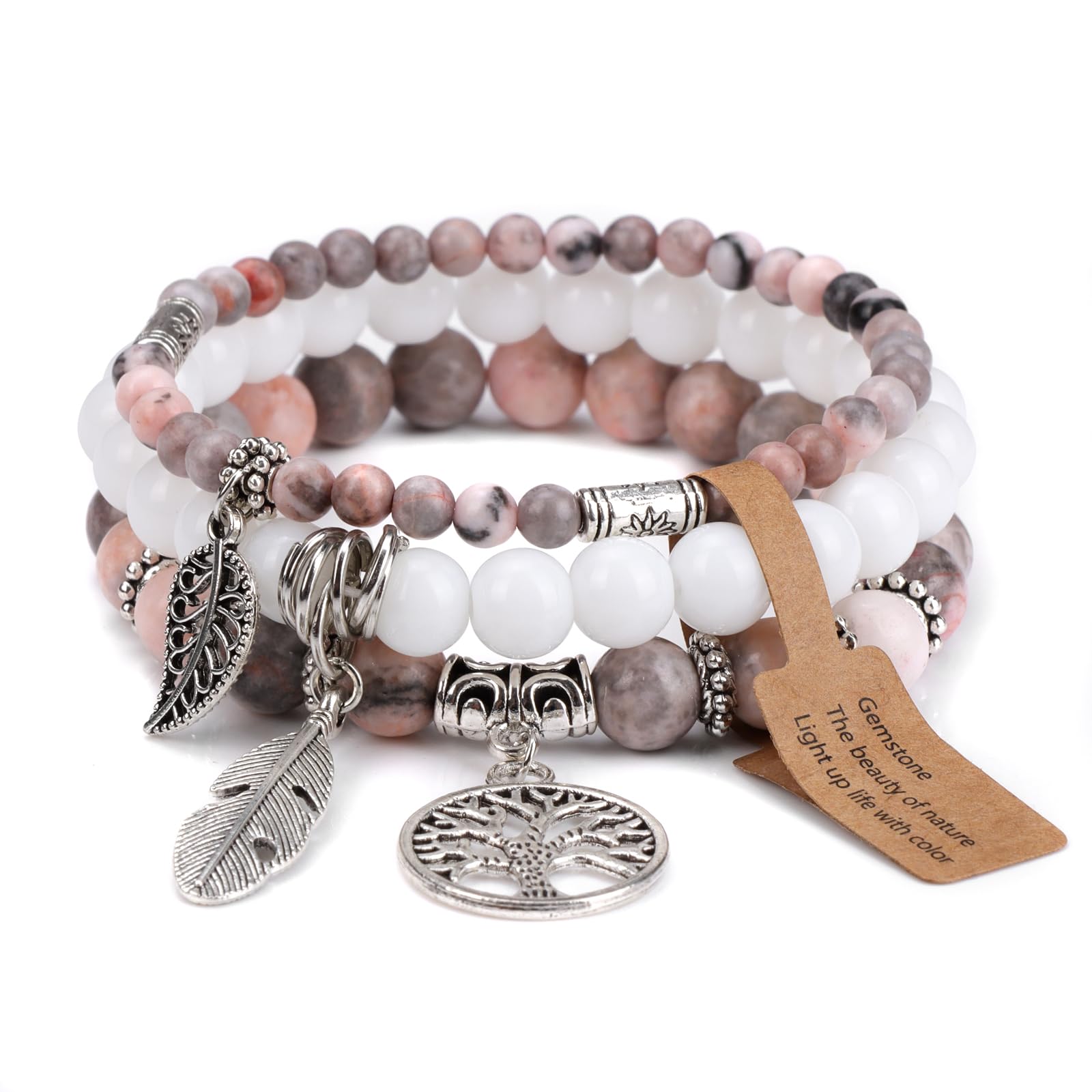 Risyfjew 3 PCS Healing Crystal Bracelets for Women 8mm Natural Stone Beaded Stretch Bracelet Amethyst Jewelry Gifts