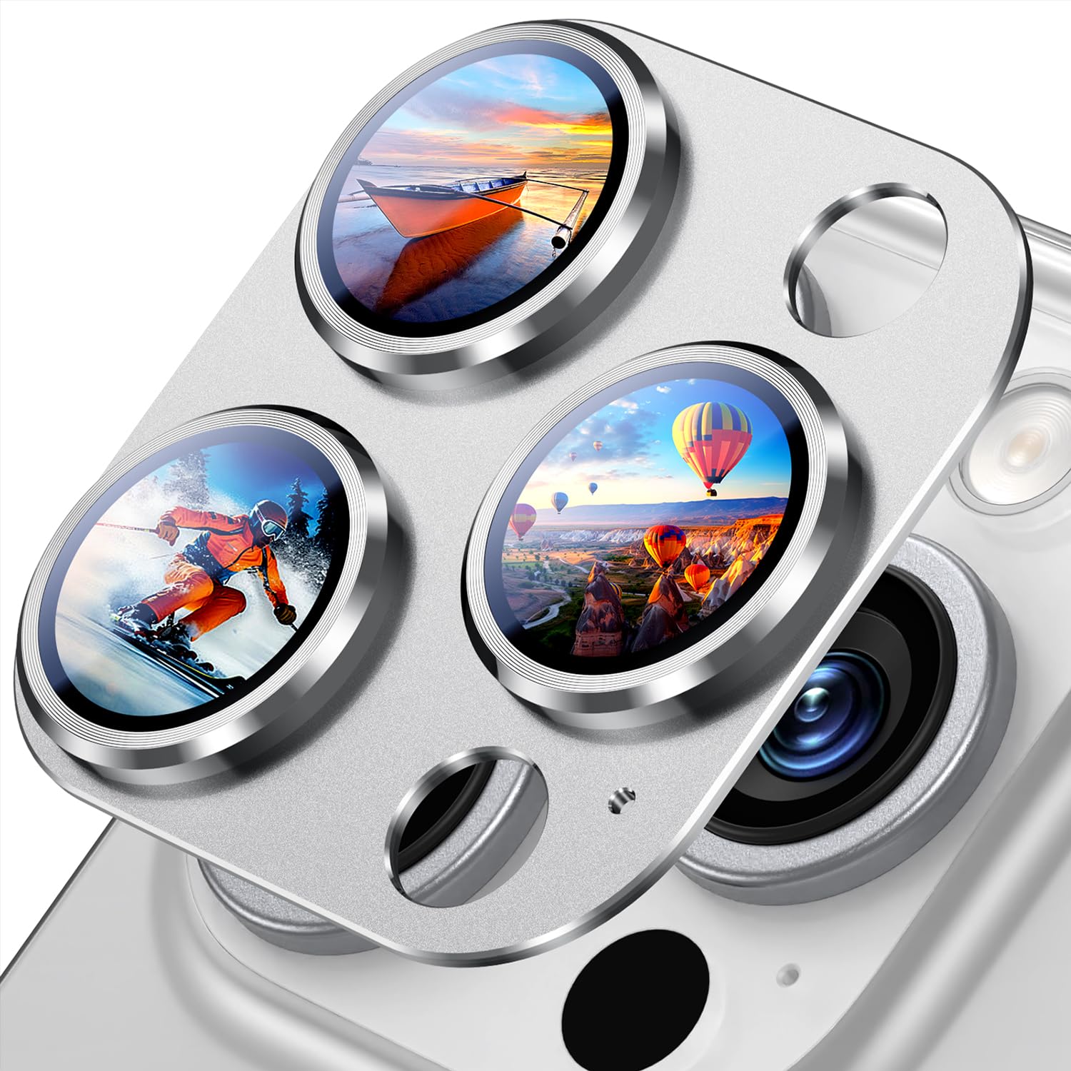 Uyiton Compatible with iPhone 16 Pro/iPhone 16 Pro Max Camera Lens Protector - [Not Easy to Break][Strong Adsorption][Case-Friendly] Metal Tempered Glass Rear Camera Screen Cover - White Titanium