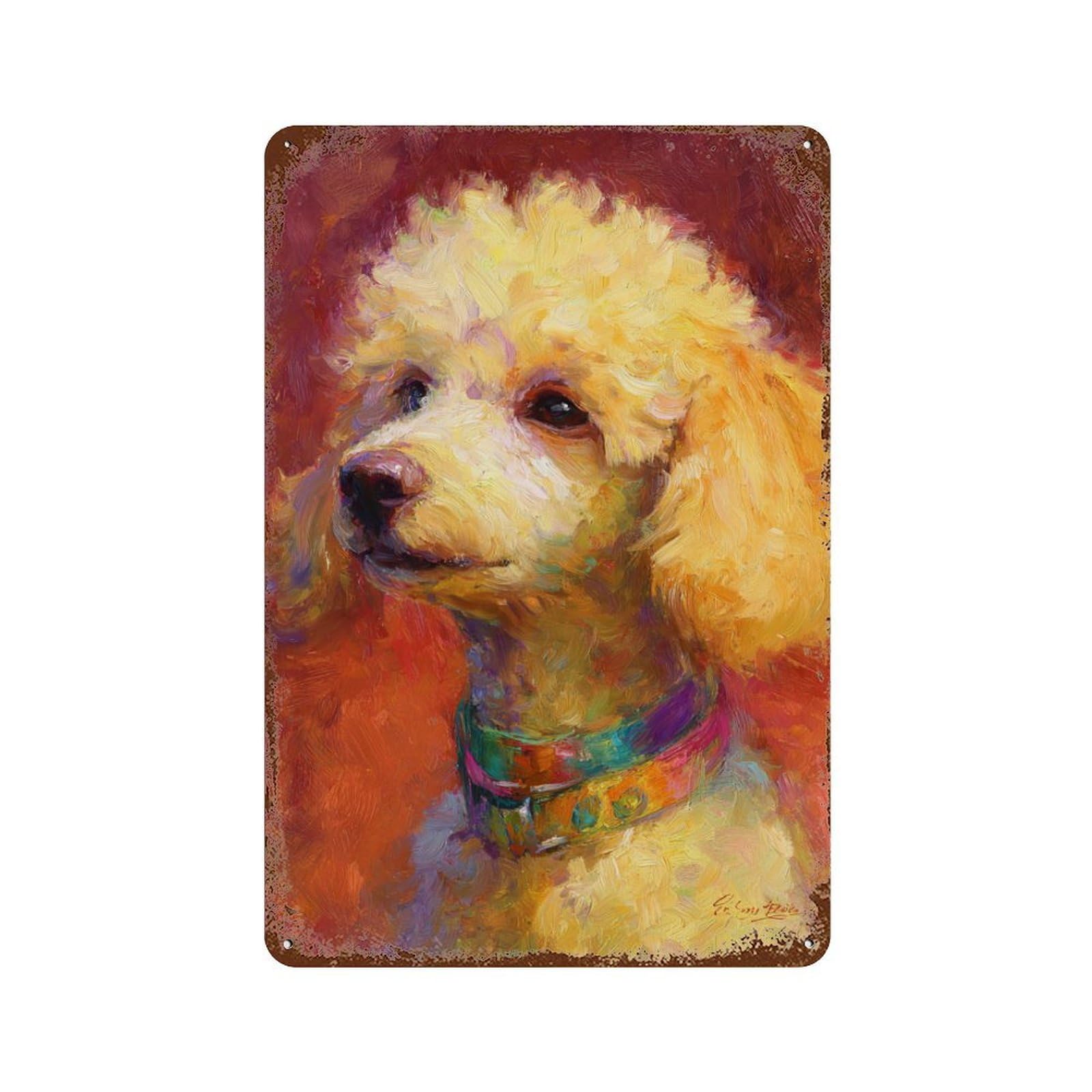 Rust Effect Golden Poodle Painting Artwork Rustic Tin Plaque 11.8"x7.9", Classic Wall Plaque for Shed, Workshop And Garage Wall Decor