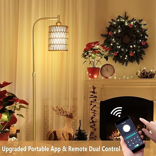 Miniatura 12 de Lámpara de pie con control remoto, lámpara de pie de ratán regulable con bombilla LED, lámpara de poste alto industrial negra con pantallas de ratán