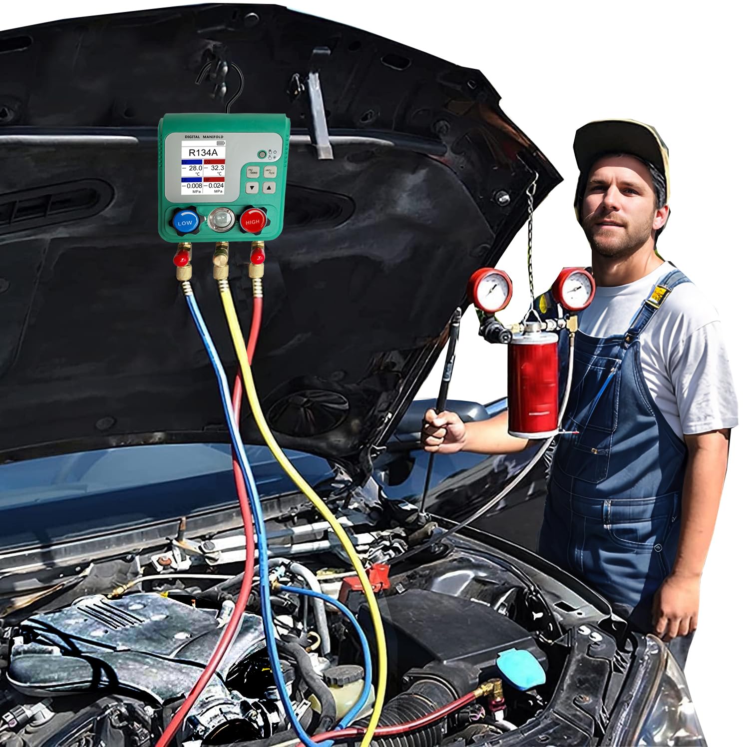 Professional Digital HVAC Manifold Gauge Set Refrigerant Gauge Diagnostic Tool for R134A/R410A/1234YF | Pressure/Vacuum/Leak Test | 92 Refrigerant Types Compatibility | HVAC Maintenance